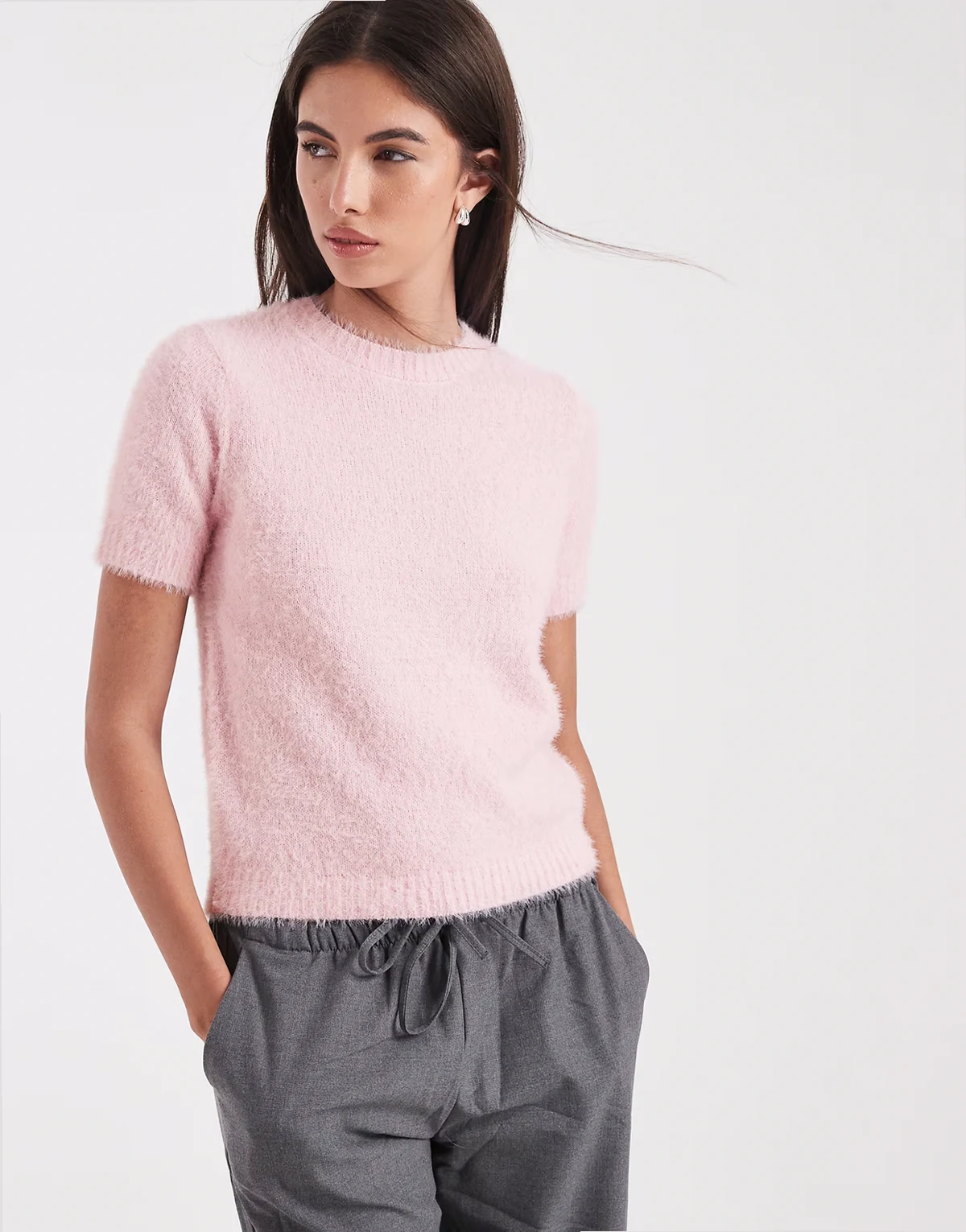 short sleeve fluffy knit top in pink