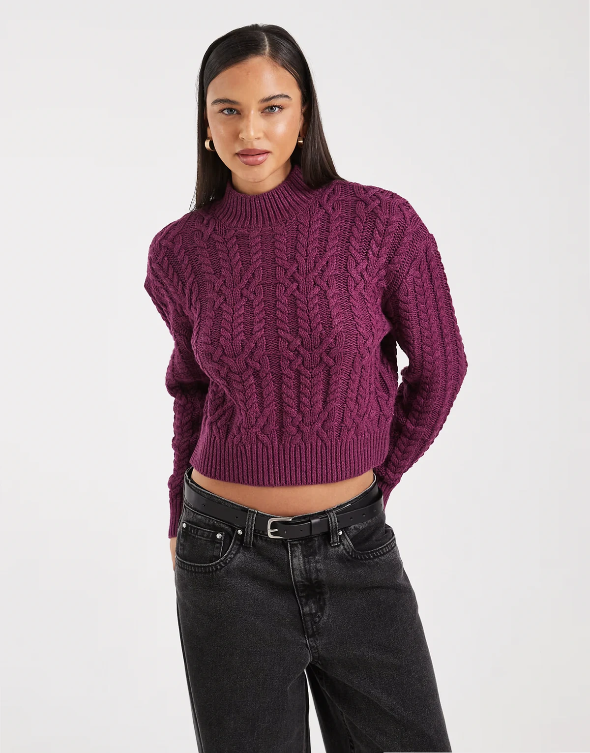 – Zopfstrickpullover in Fig Noir