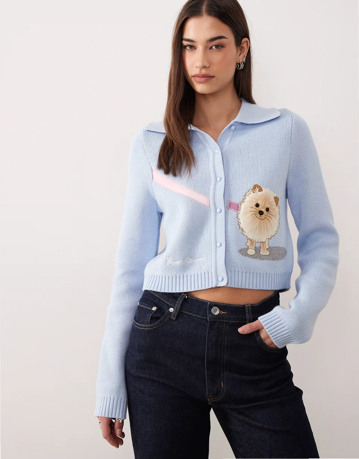 pom pom tripper dog cardigan in sky blue