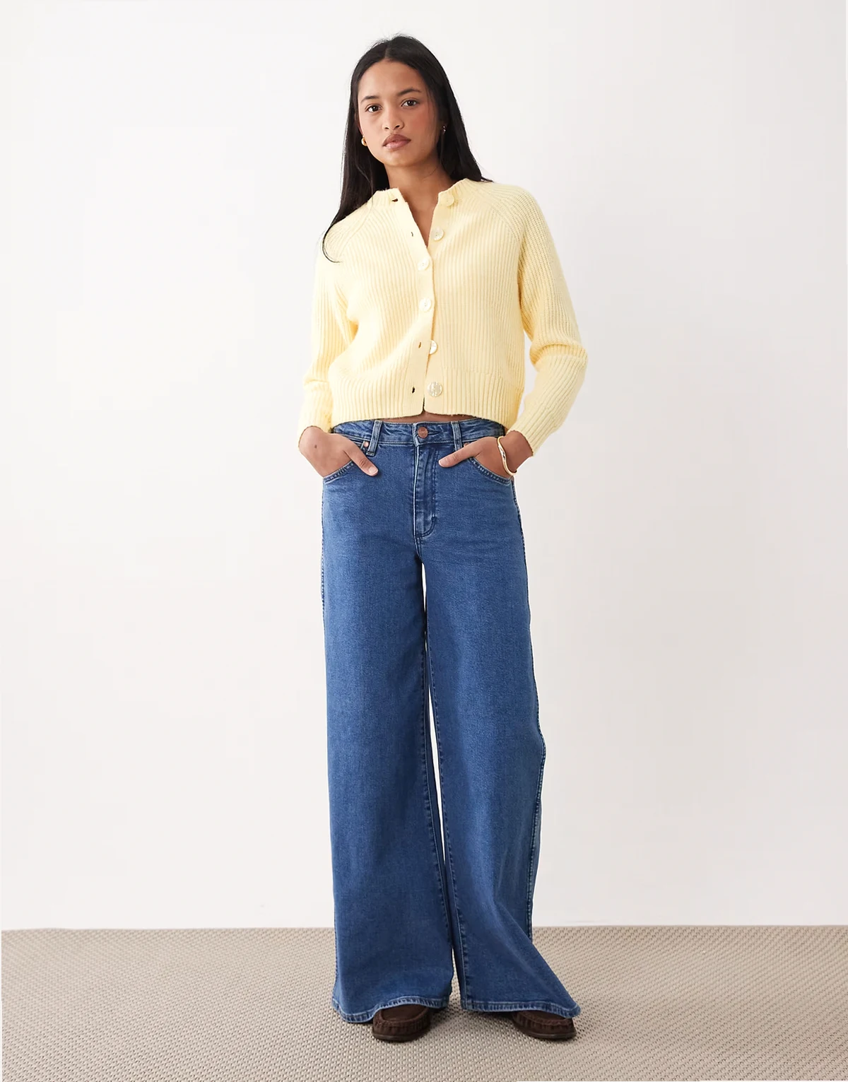 crew neck cardigan in lemon yellow