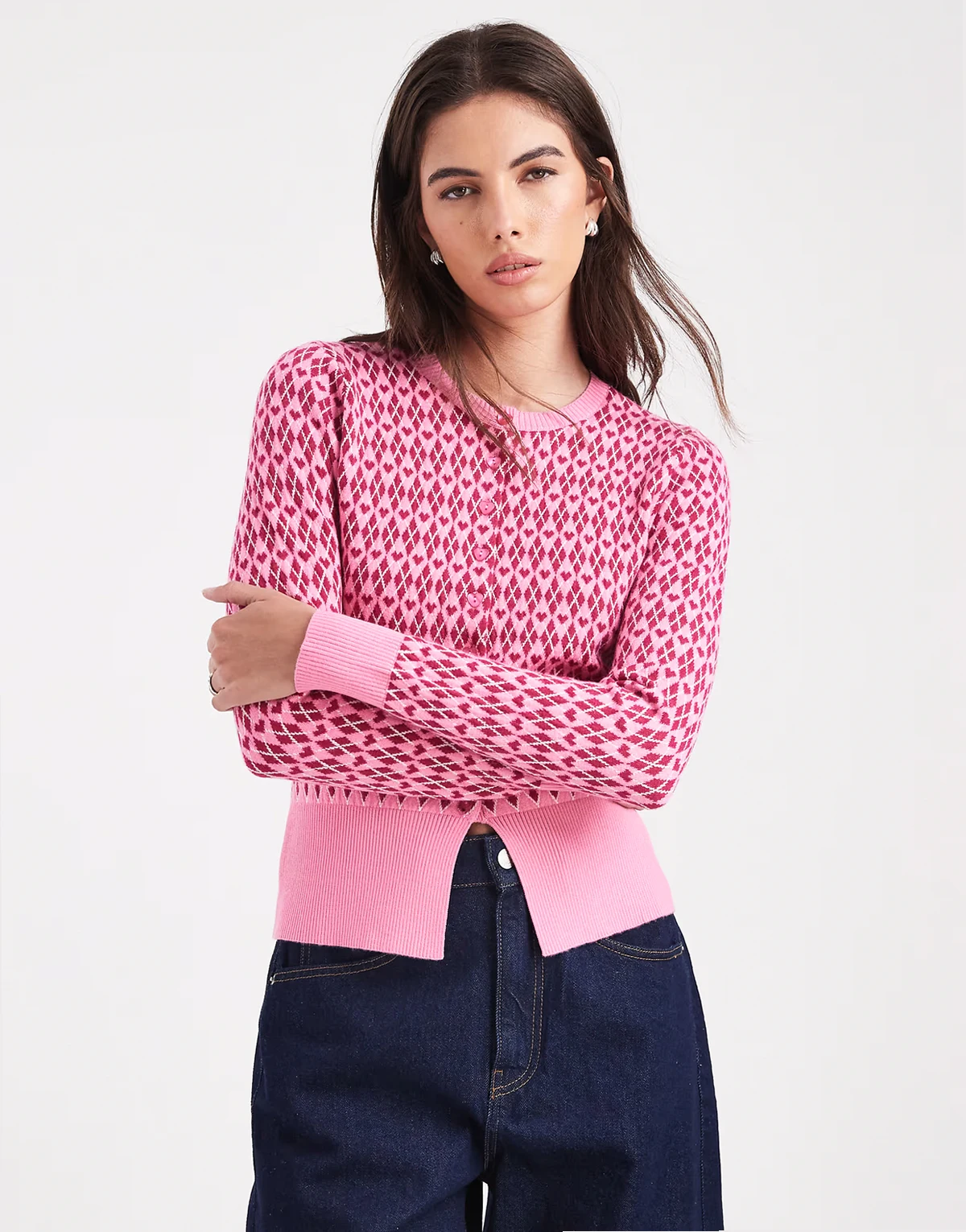 valentines crew neck argyle heart print cardigan in pink