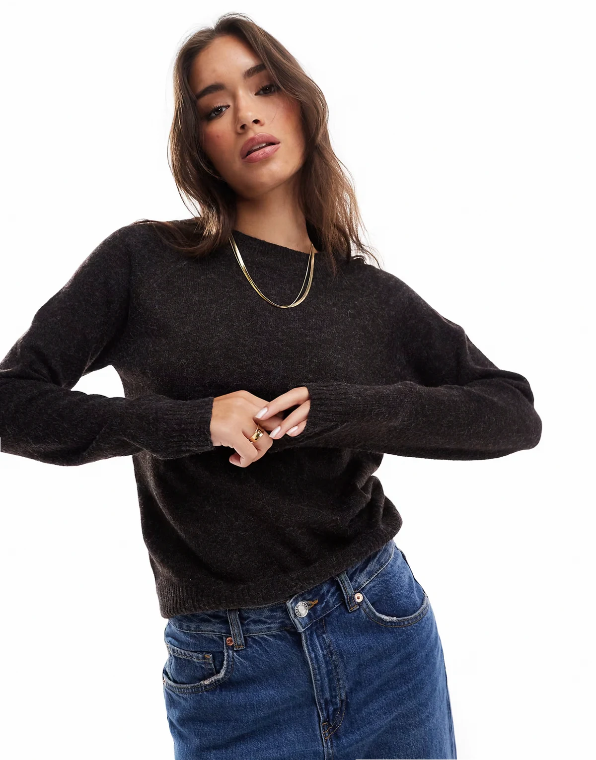 – Strickpullover in meliertem Schokobraun mit Rundhalsausschnitt