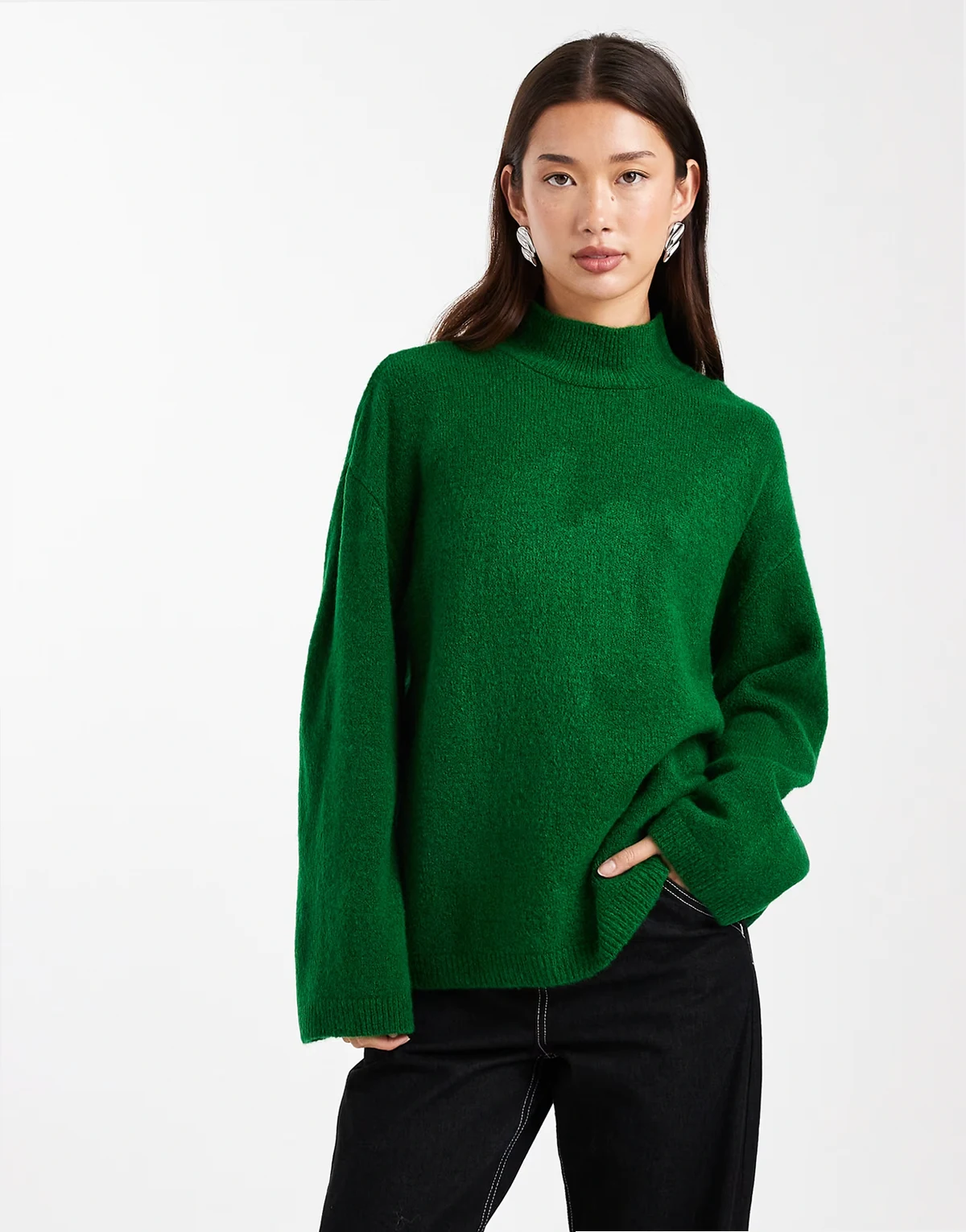 longline sweater with funnel neck in bright green