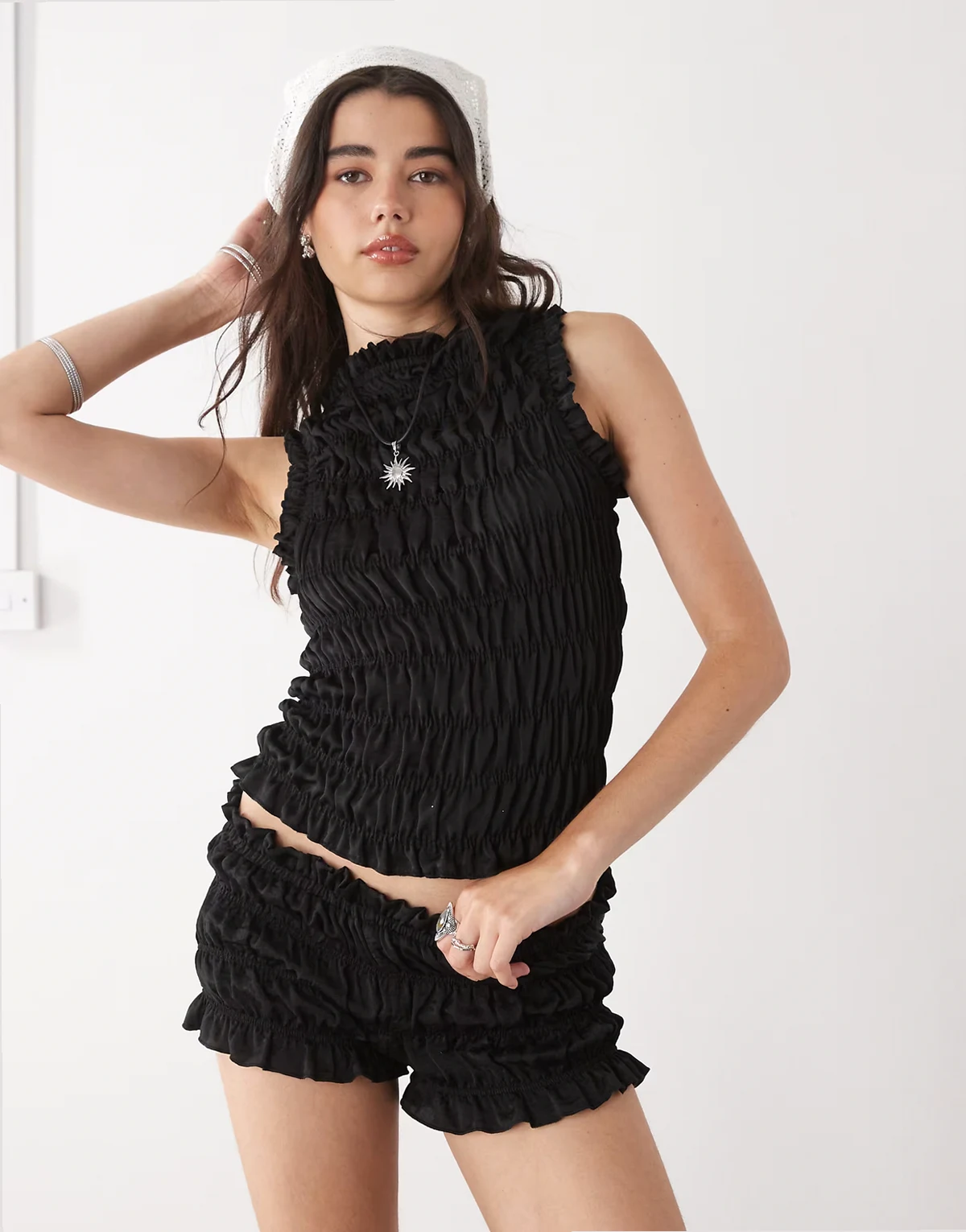satin look shirred micro shorts in black - part of a set