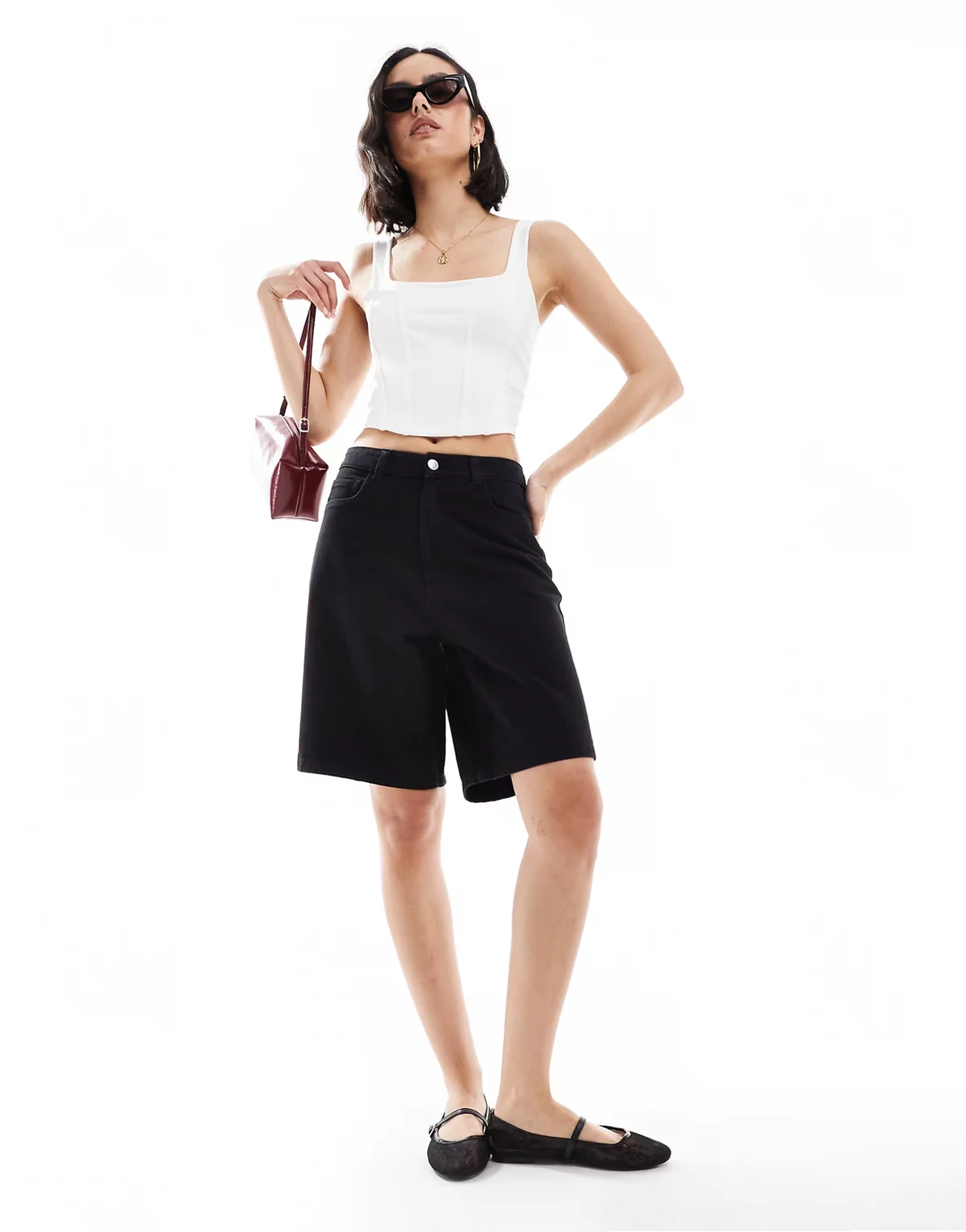 – Jeans-Jorts in schwarzer Waschung
