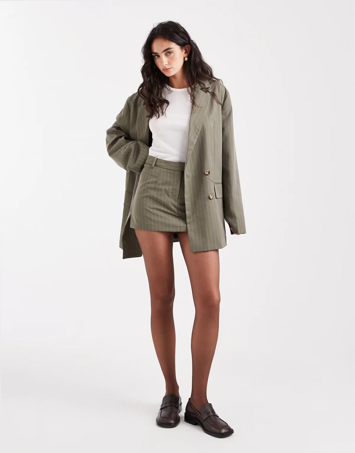 tailored micro mini skort in khaki pinstripe - part of a set