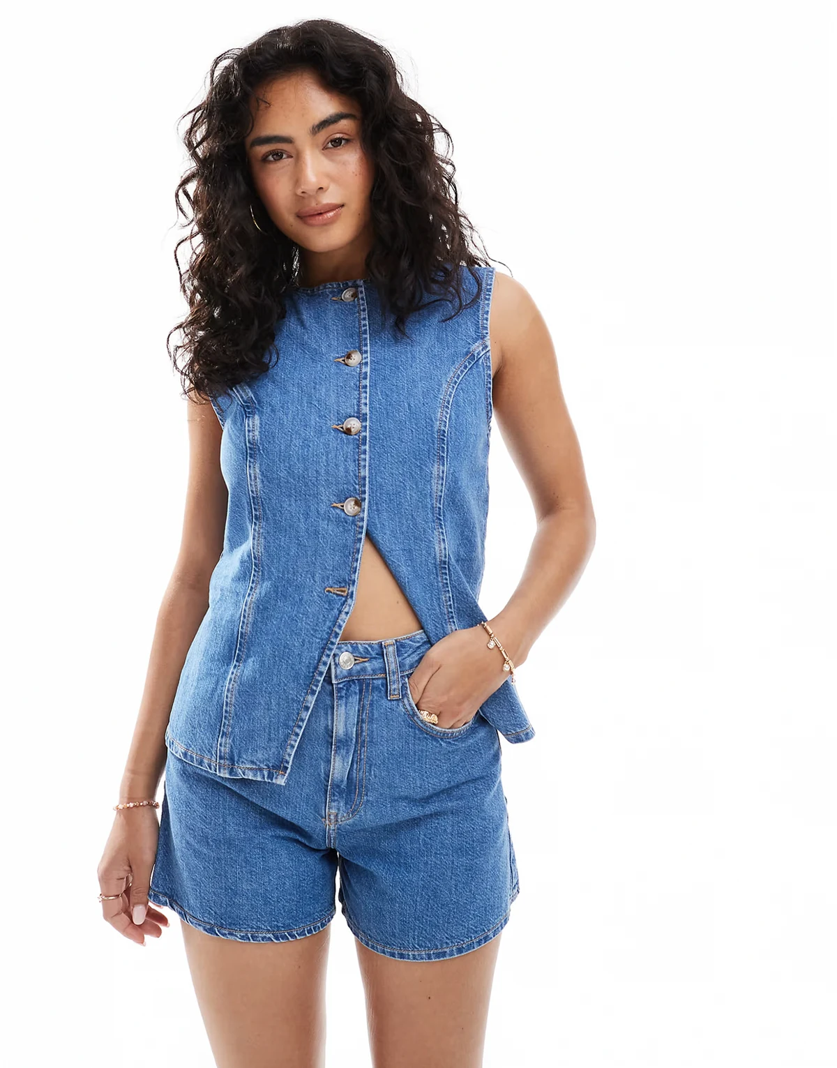 denim longline a line shorts in mid blue - part of a set