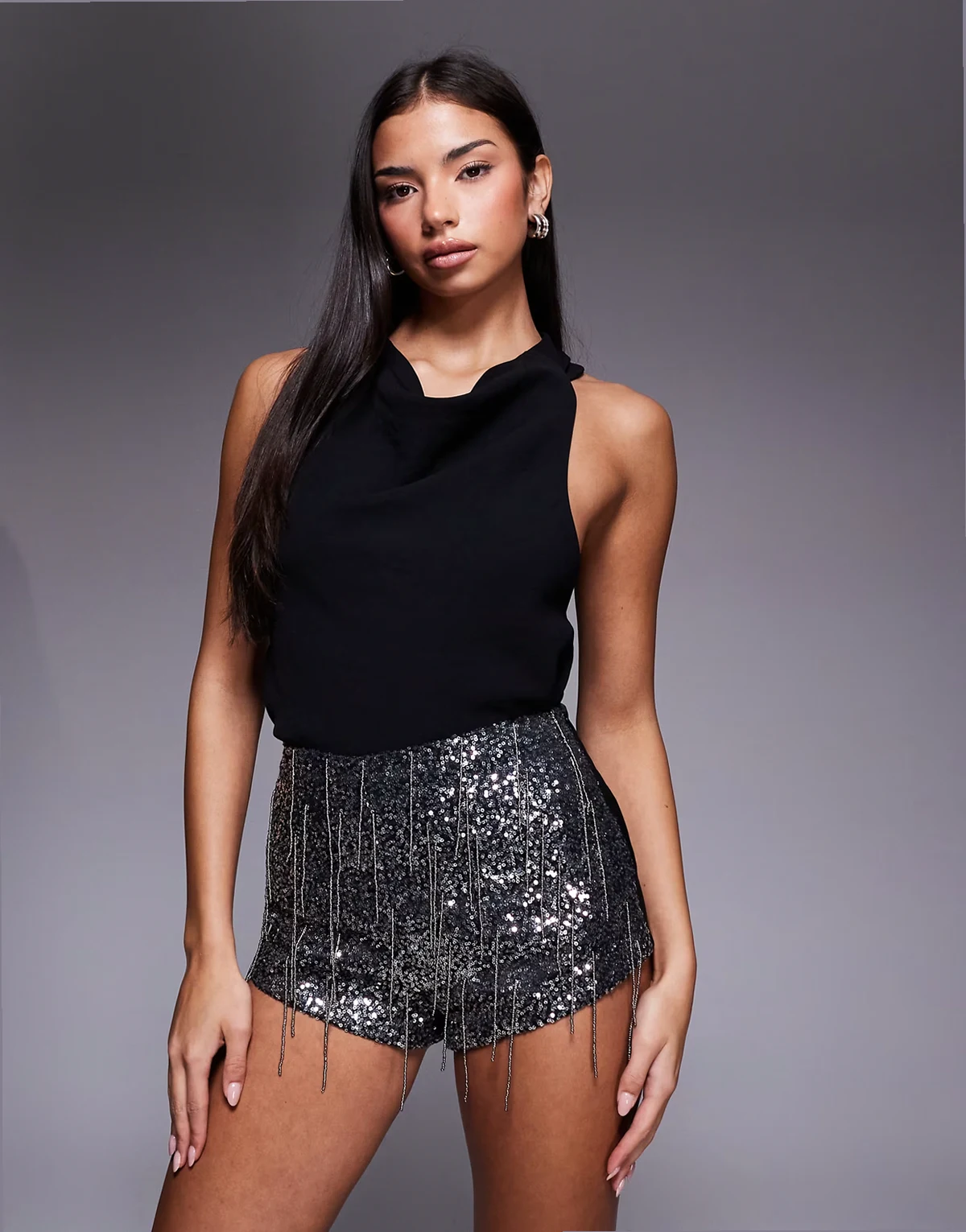 Wrenley fringe mini shorts in black silver