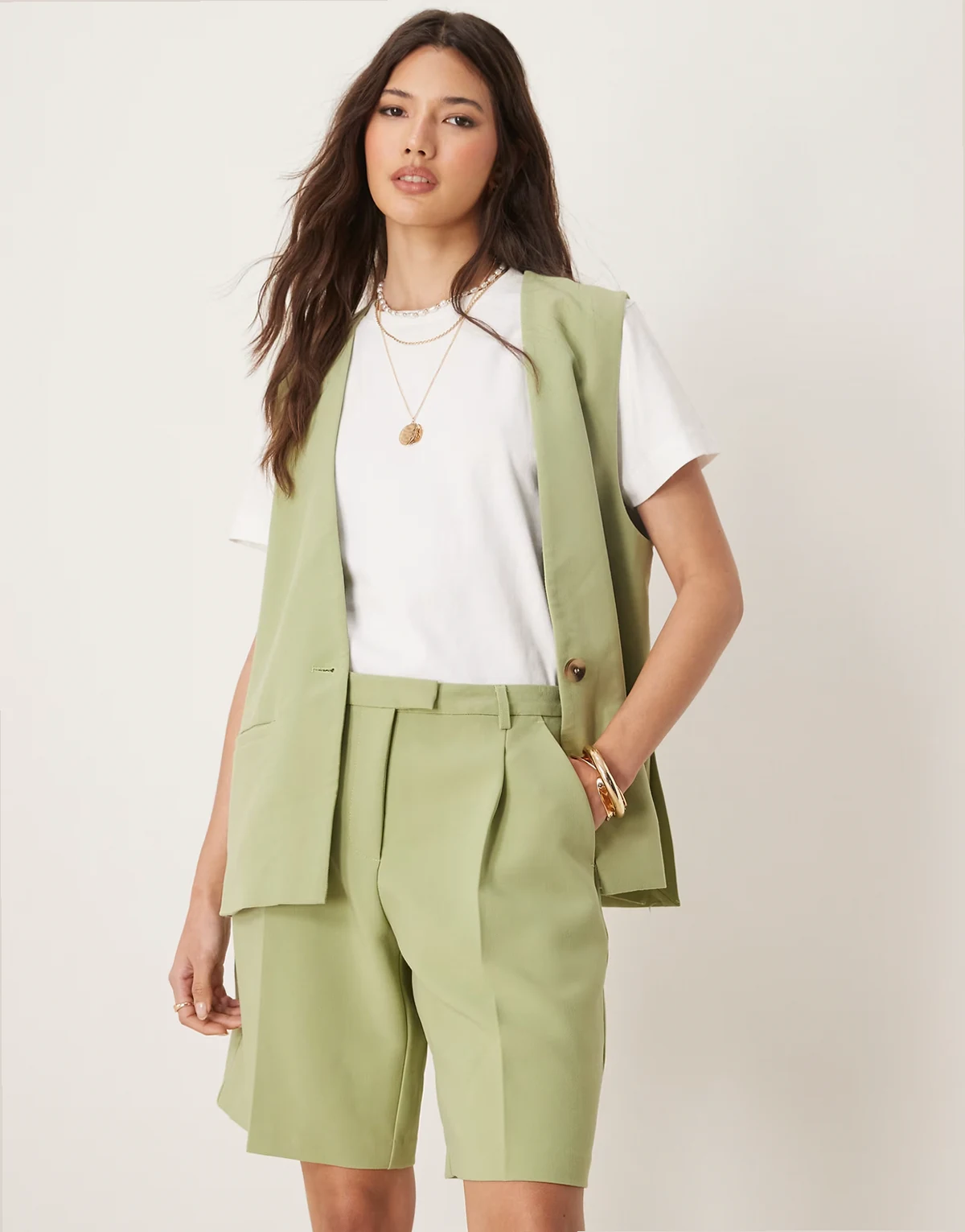 longline tailored shorts in sage green - part of a set