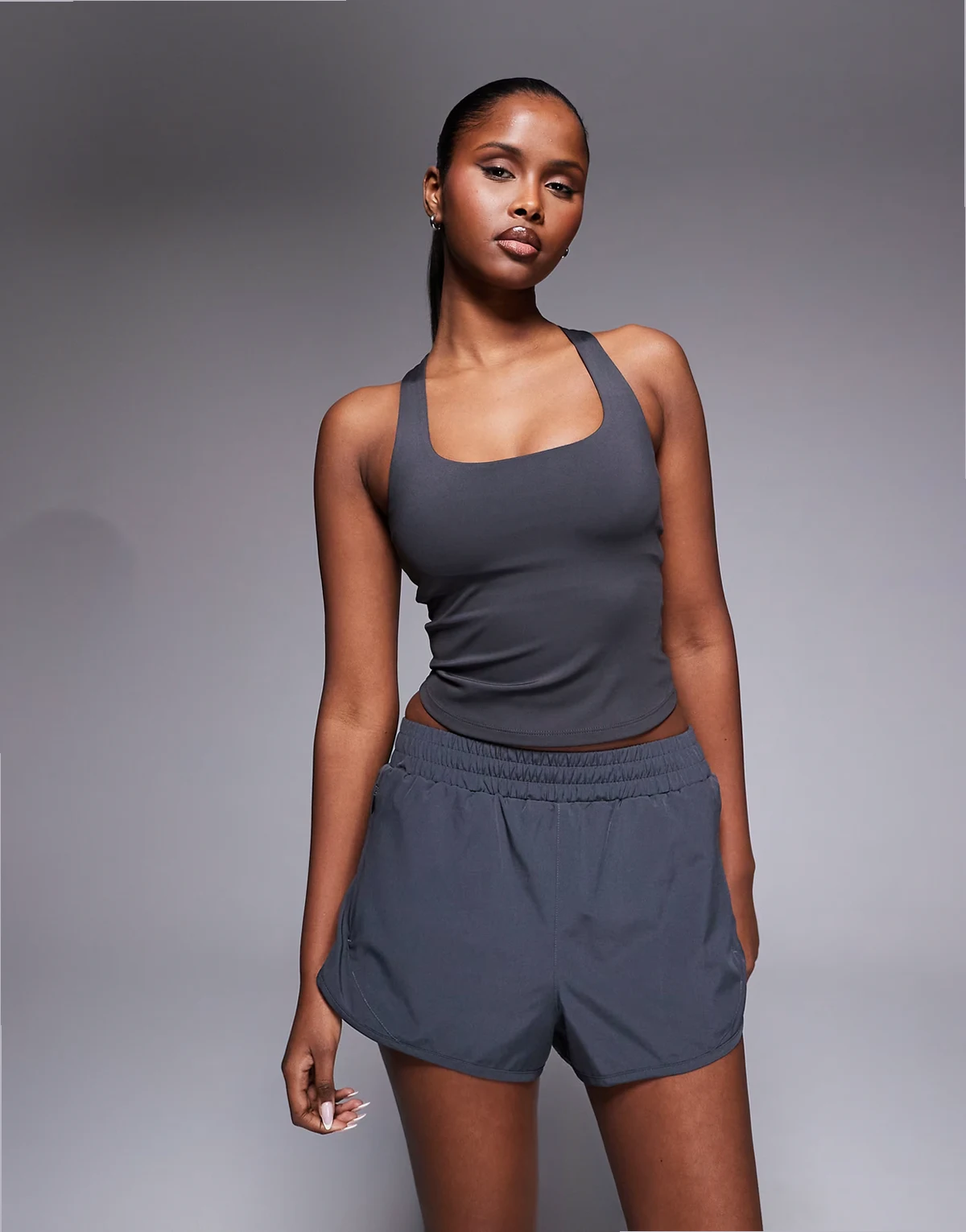 Icon woven running shorts with zip pockets in smoke gray