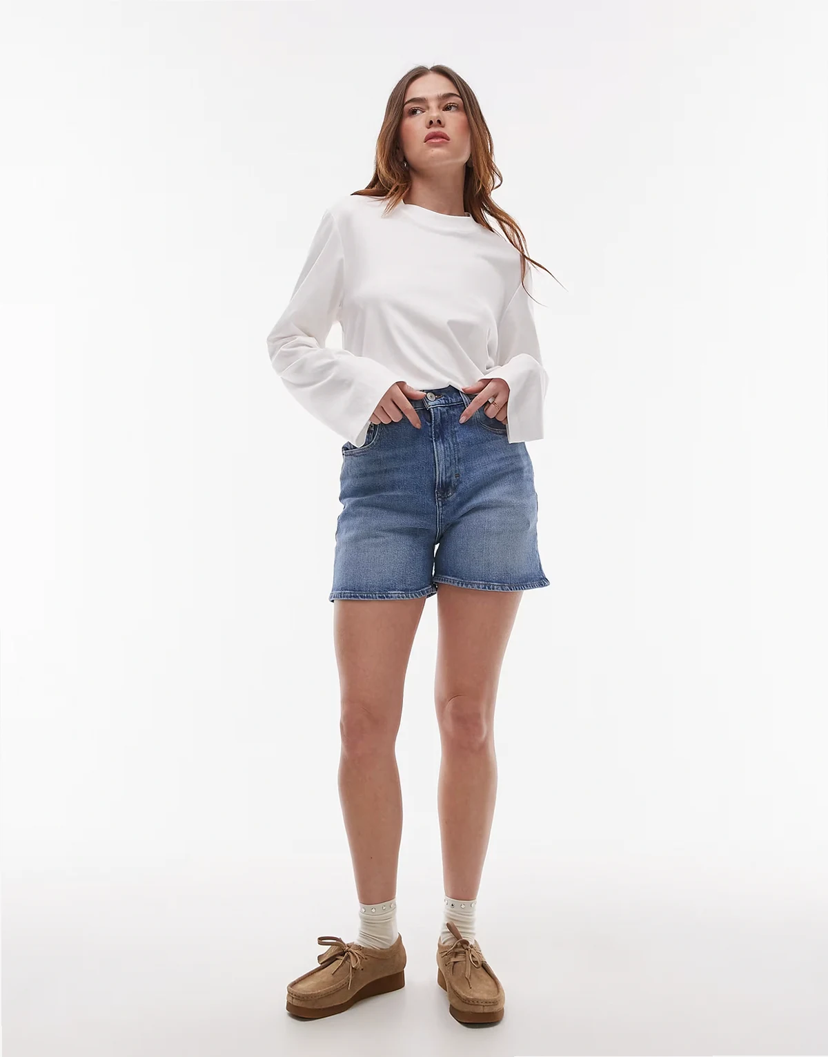 mom denim shorts in mid wash