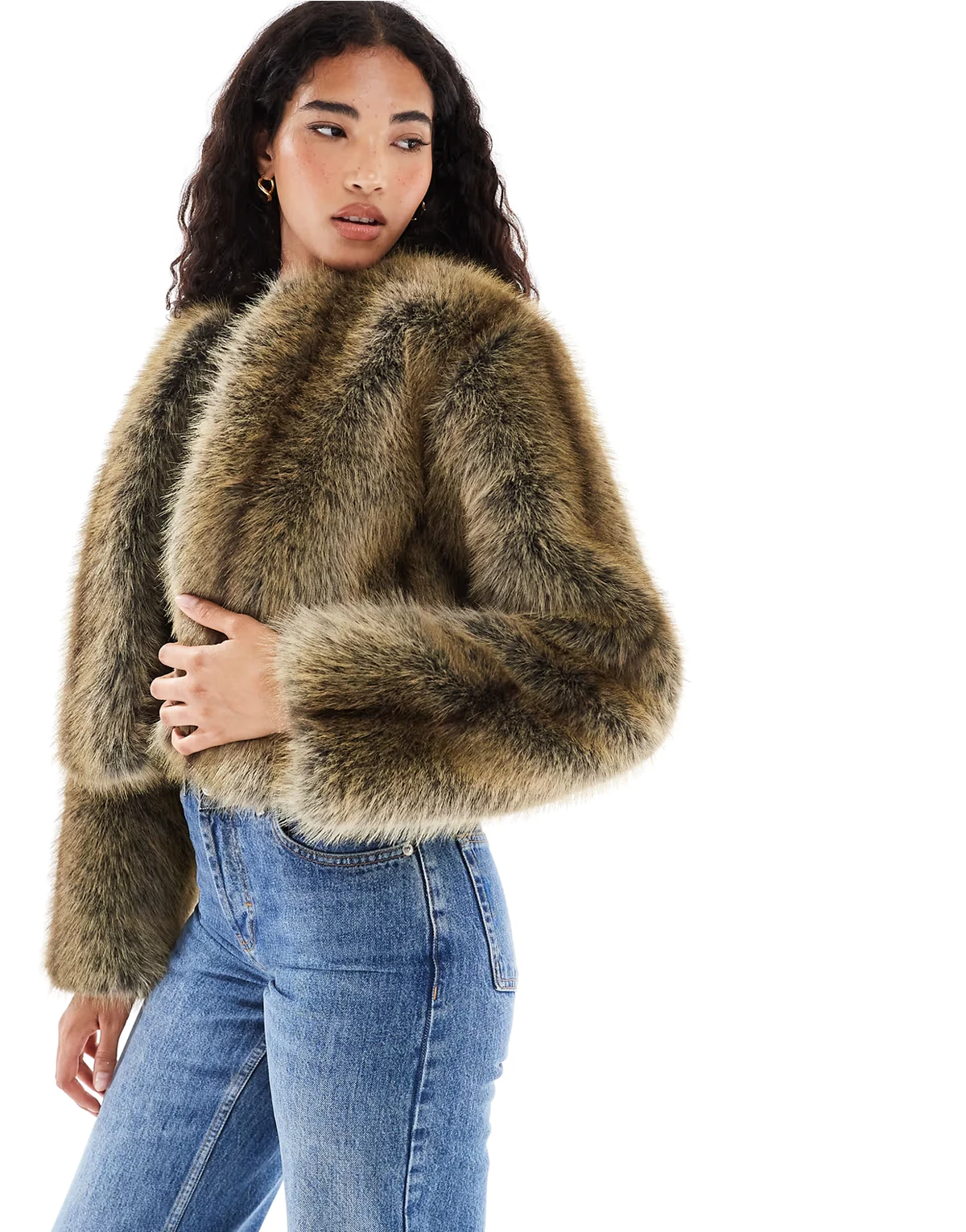 collarless short faux fur jacket in brown