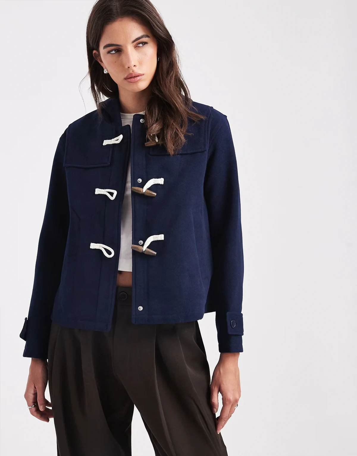 faux wool short duffle coat with hood in navy