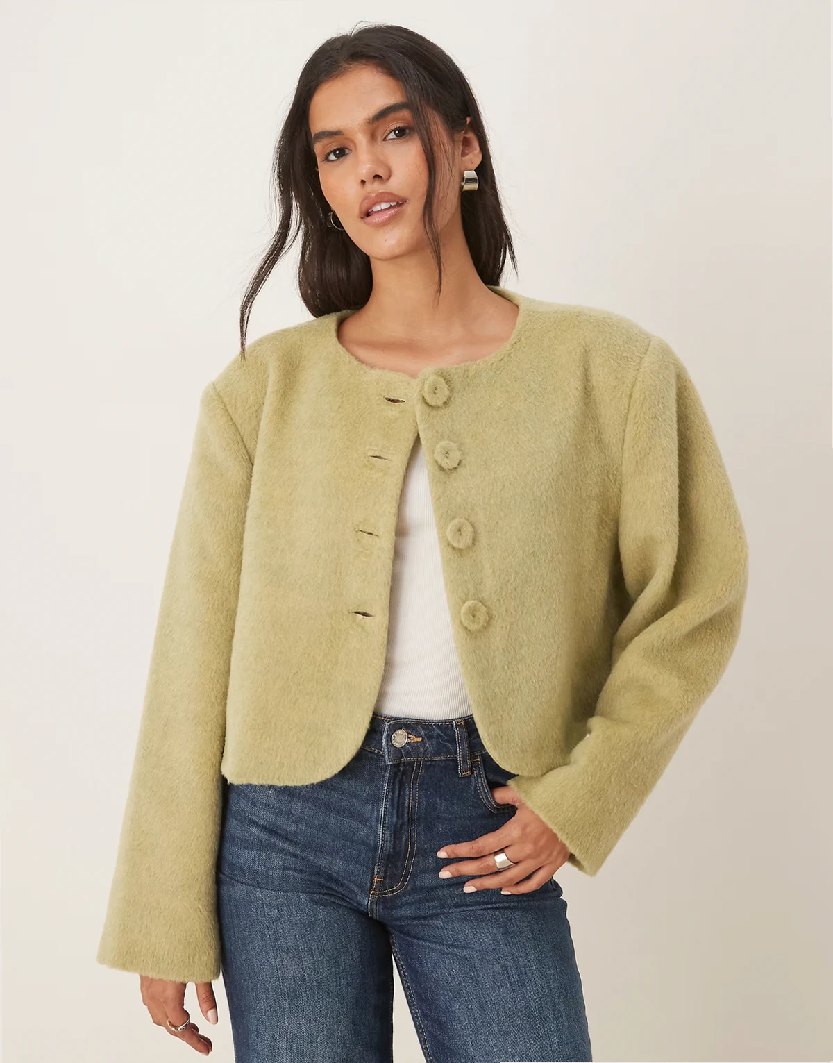 structured shoulder cropped jacket in sage