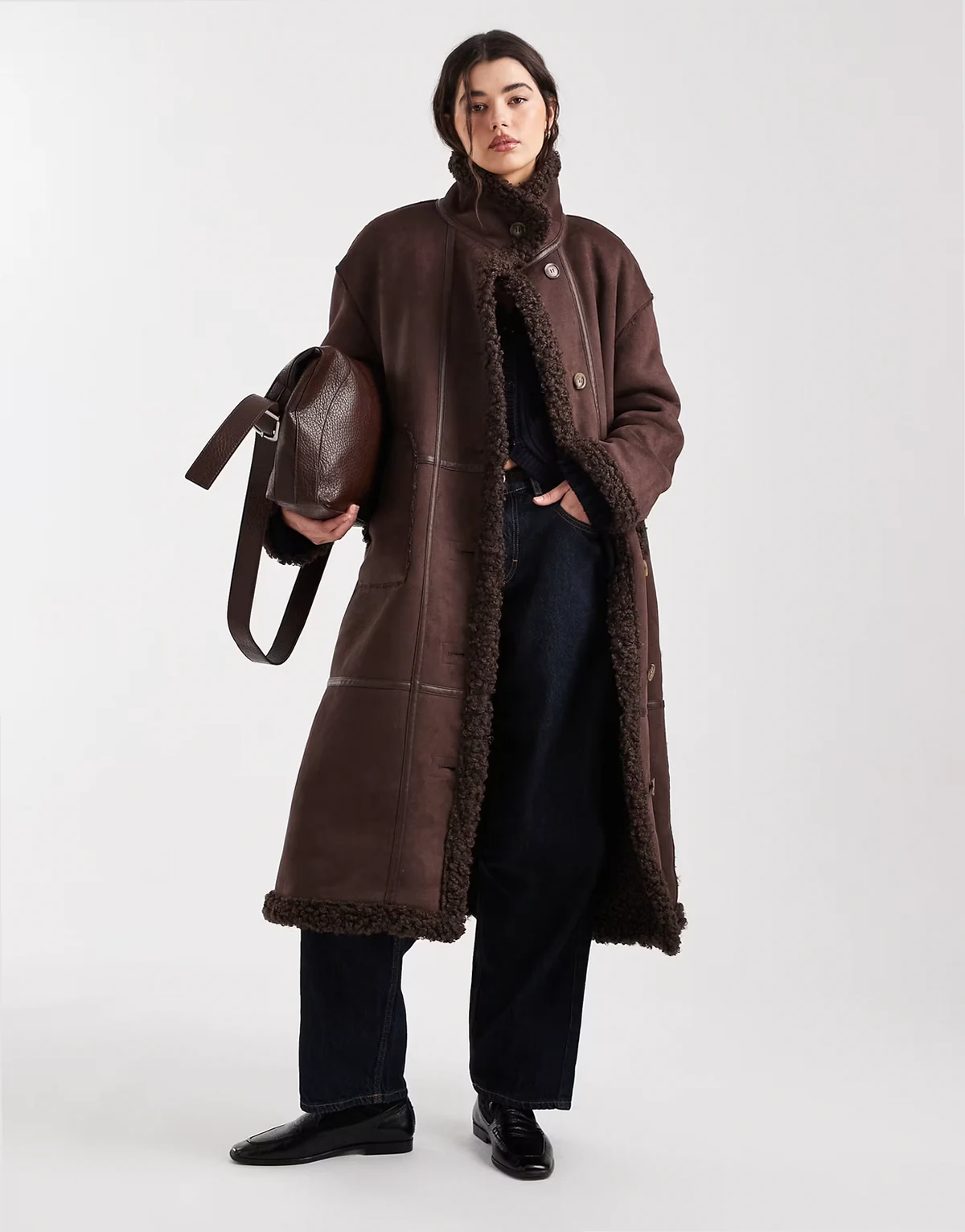 borg lined faux shearling maxi coat in chocolate brown