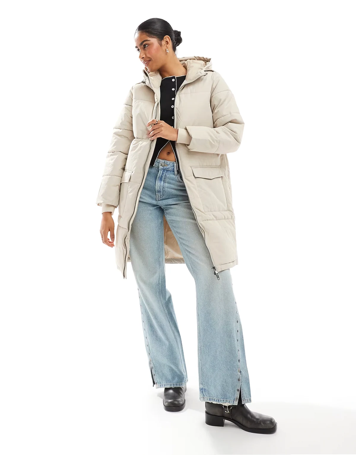 longline hooded puffer jacket in silver gray