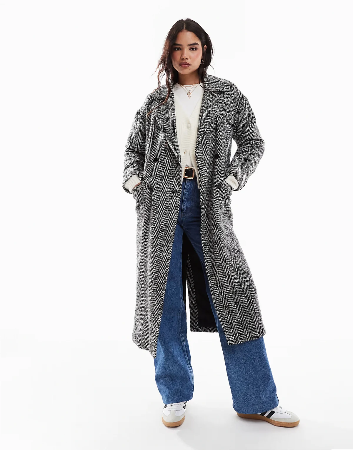 – Eleganter Oversize-Mantel in Anthrazitgrau mit Fischgrätmuster