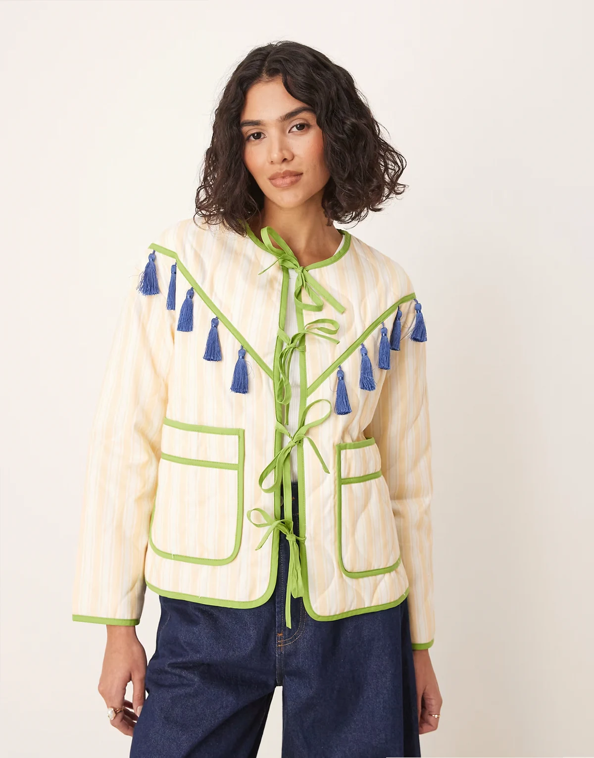 tassel trim striped jacket in cream
