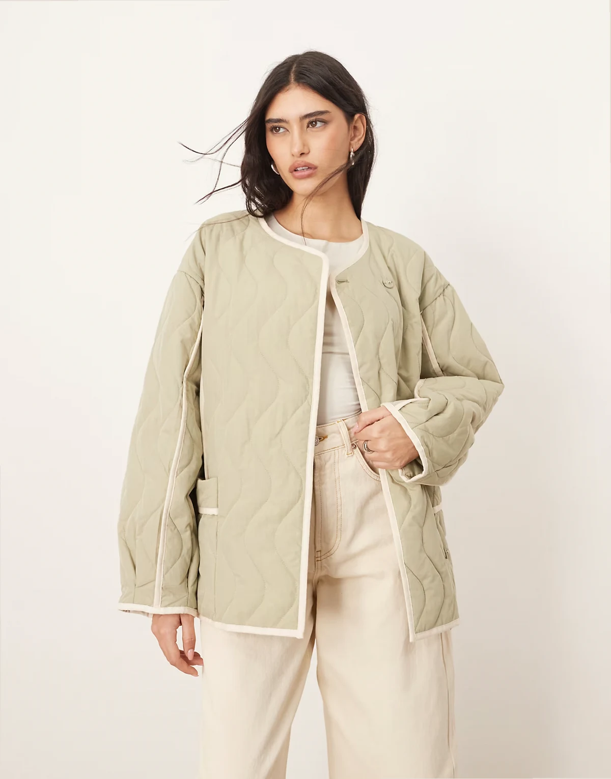 quilted oversized jacket with contrast trim in sage