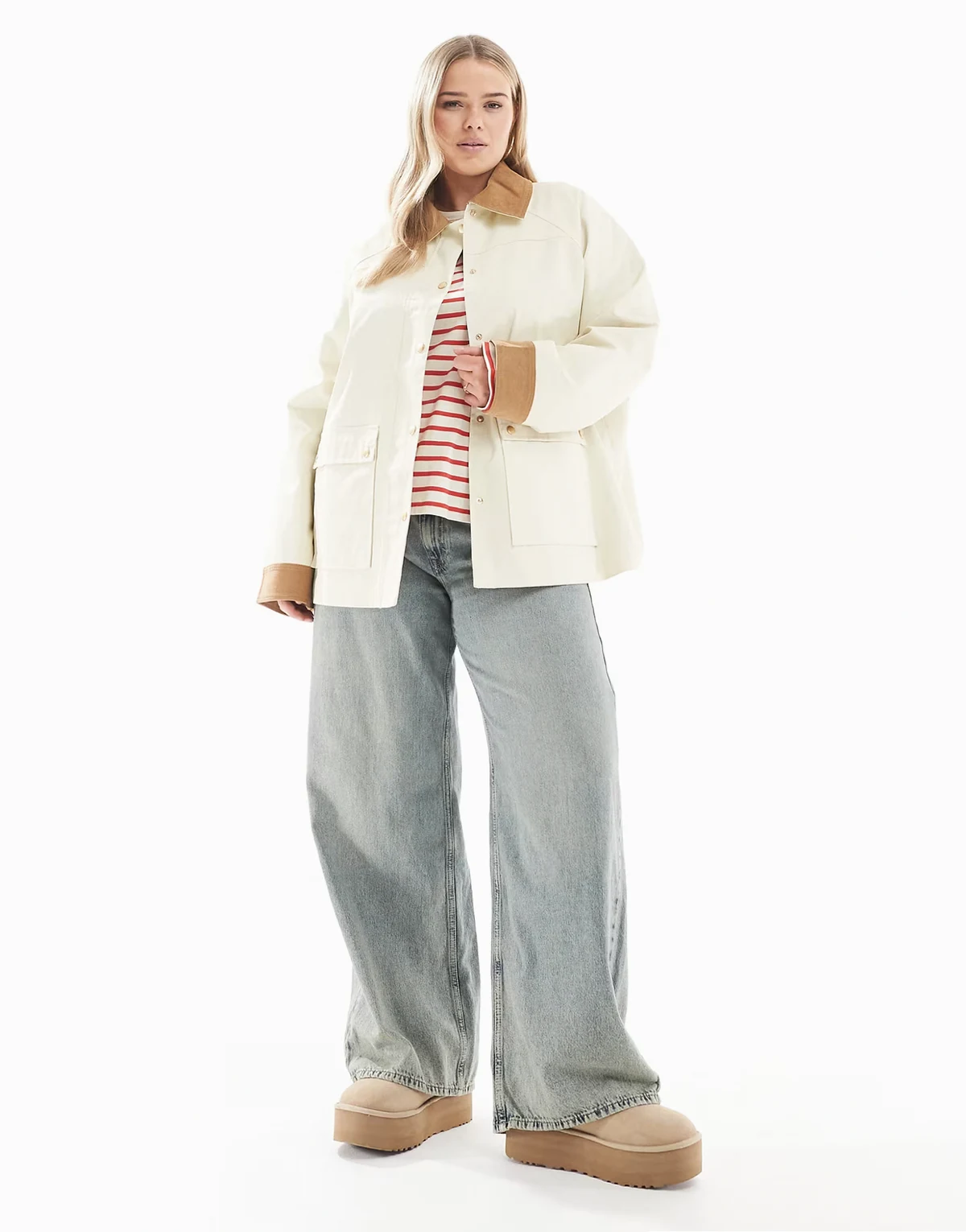 ASOS DESIGN Curve – Szarobeżowa woskowana kurtka ze sztruksowym kołnierzykiem