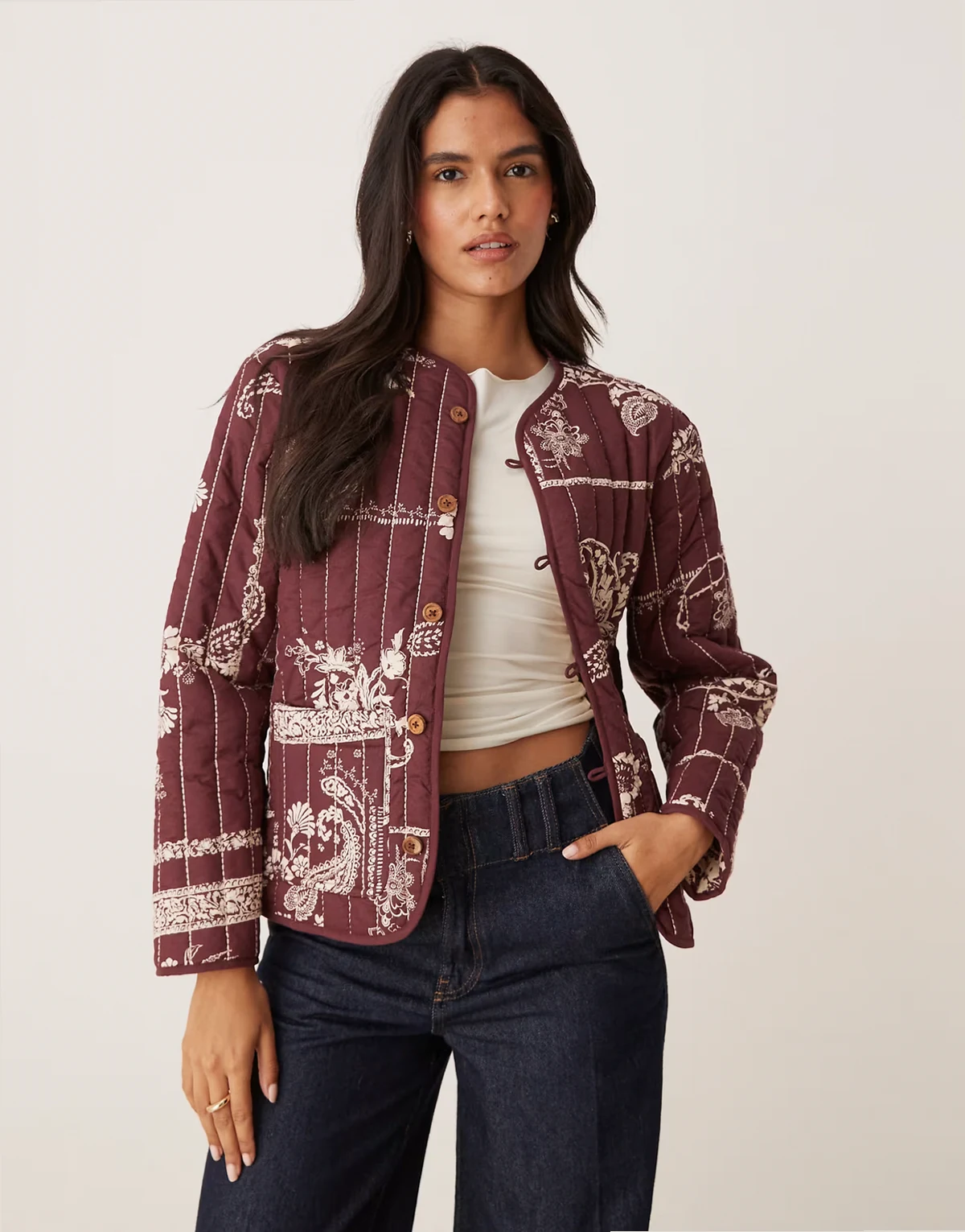 quilted jacket in burgundy paisley print