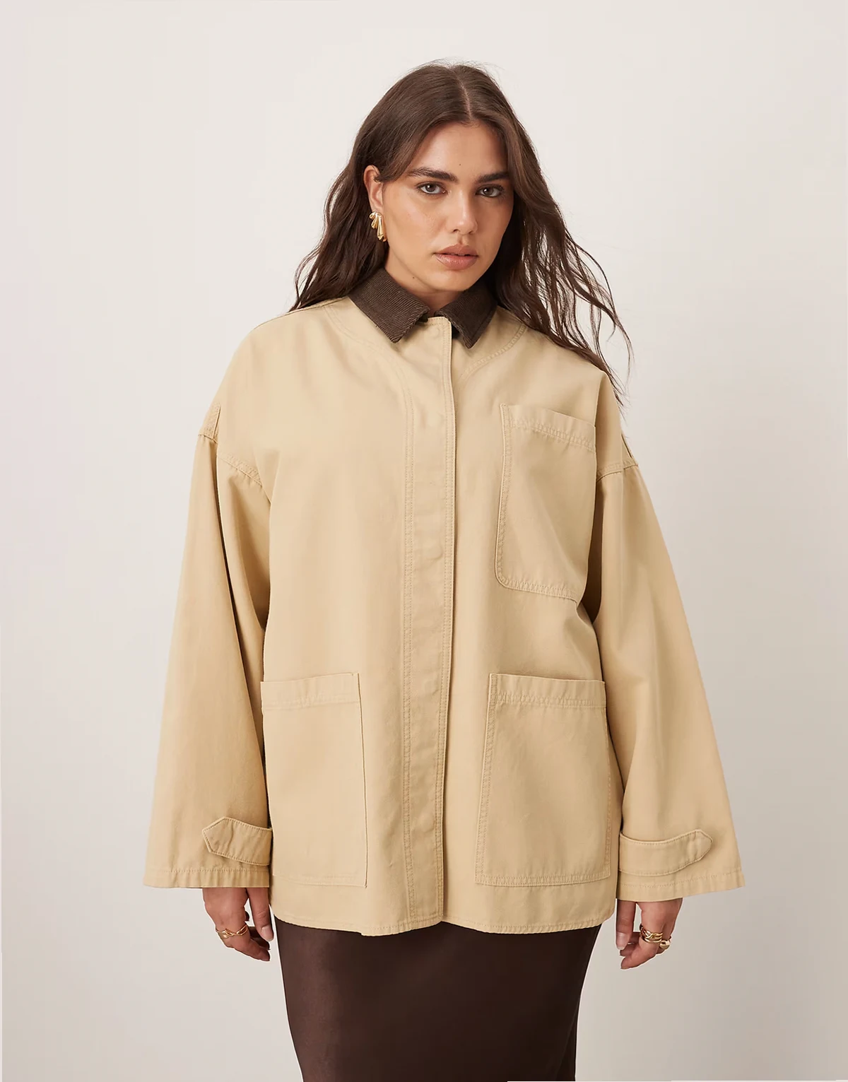 Curve canvas oversized barn shacket with corduroy collar in camel
