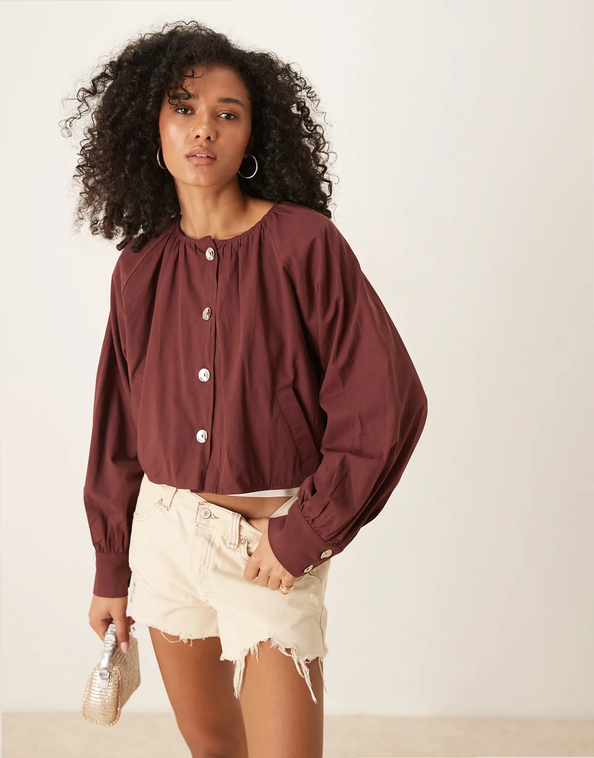 button front pleated jacket in brown