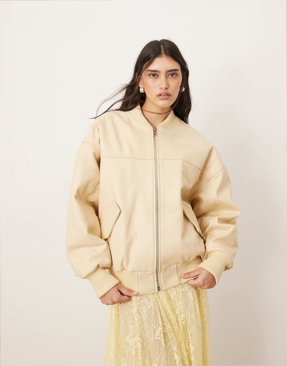 premium leather oversized bomber jacket in buttermilk - part of a set