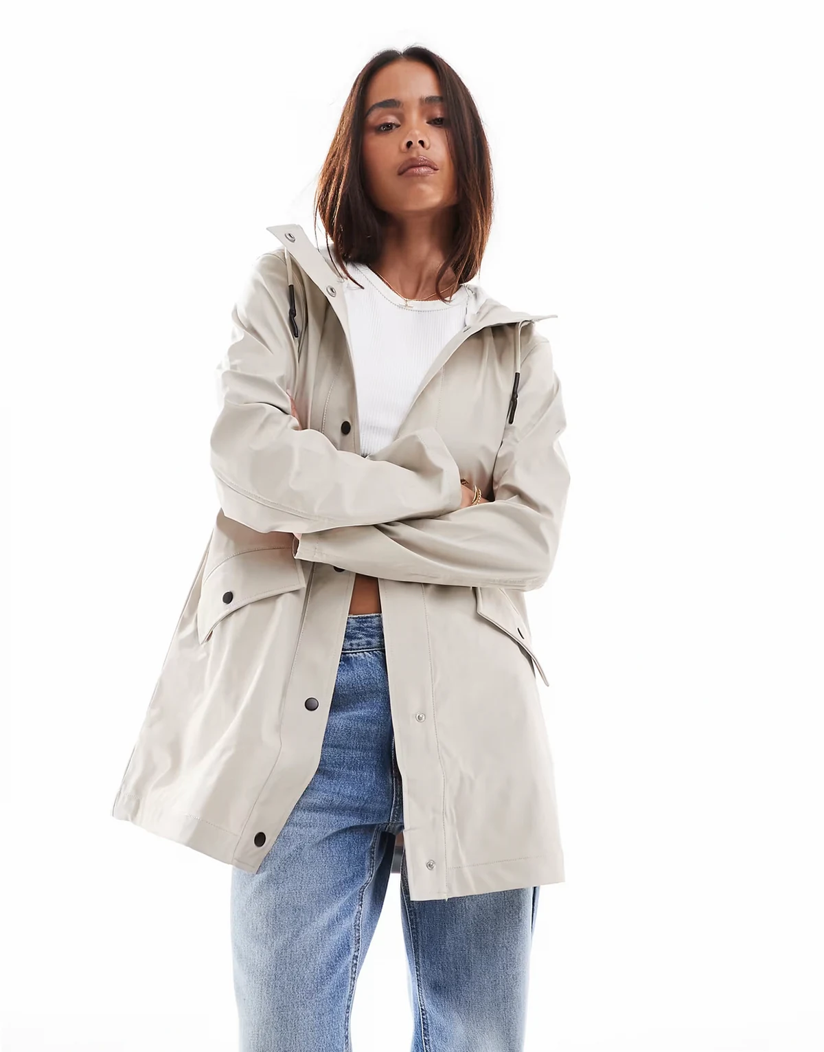 – Regenjacke in Beige mit Kapuze