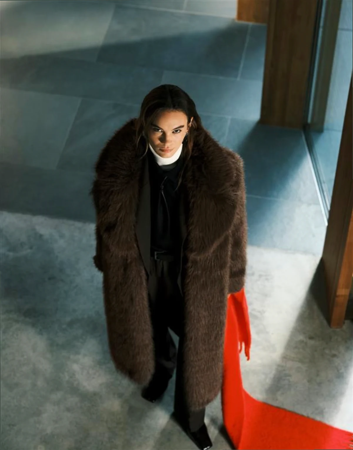 Exclusive faux fur oversized collar maxi coat in brown