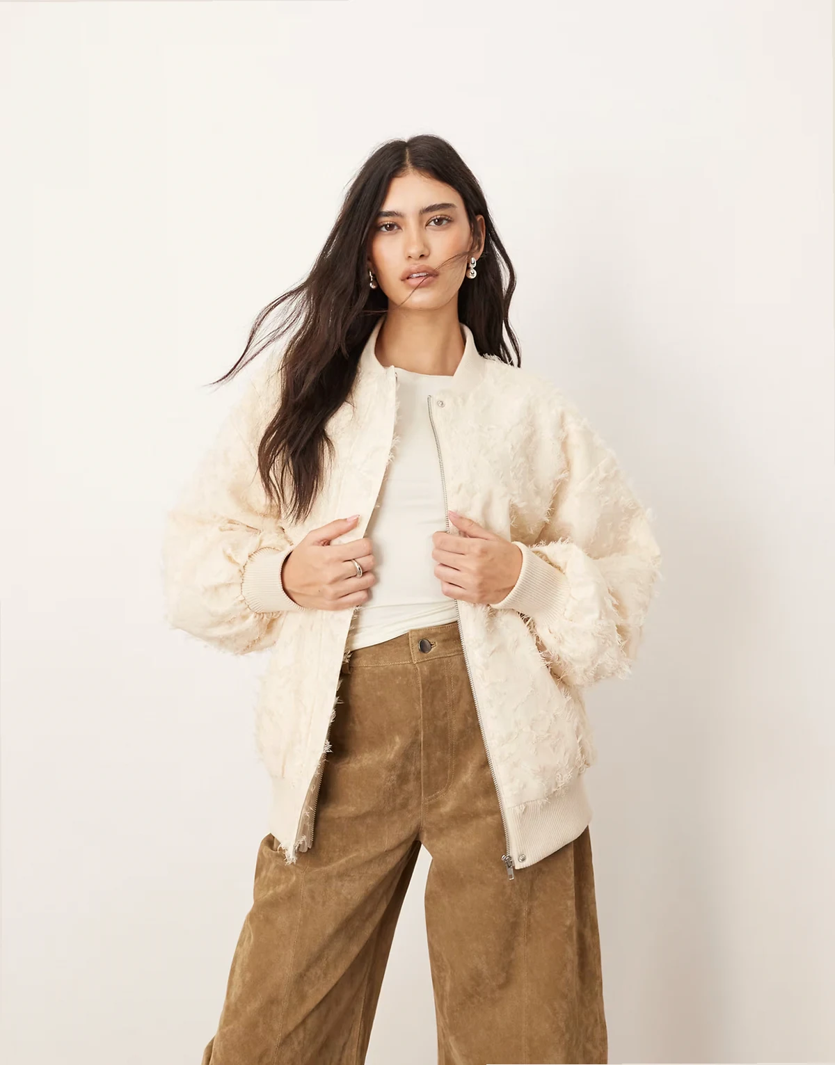 textured oversized bomber jacket in cream