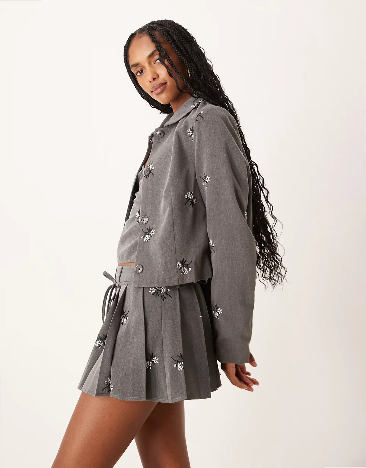 Zedari floral embroidered cropped jacket in gray - part of a set