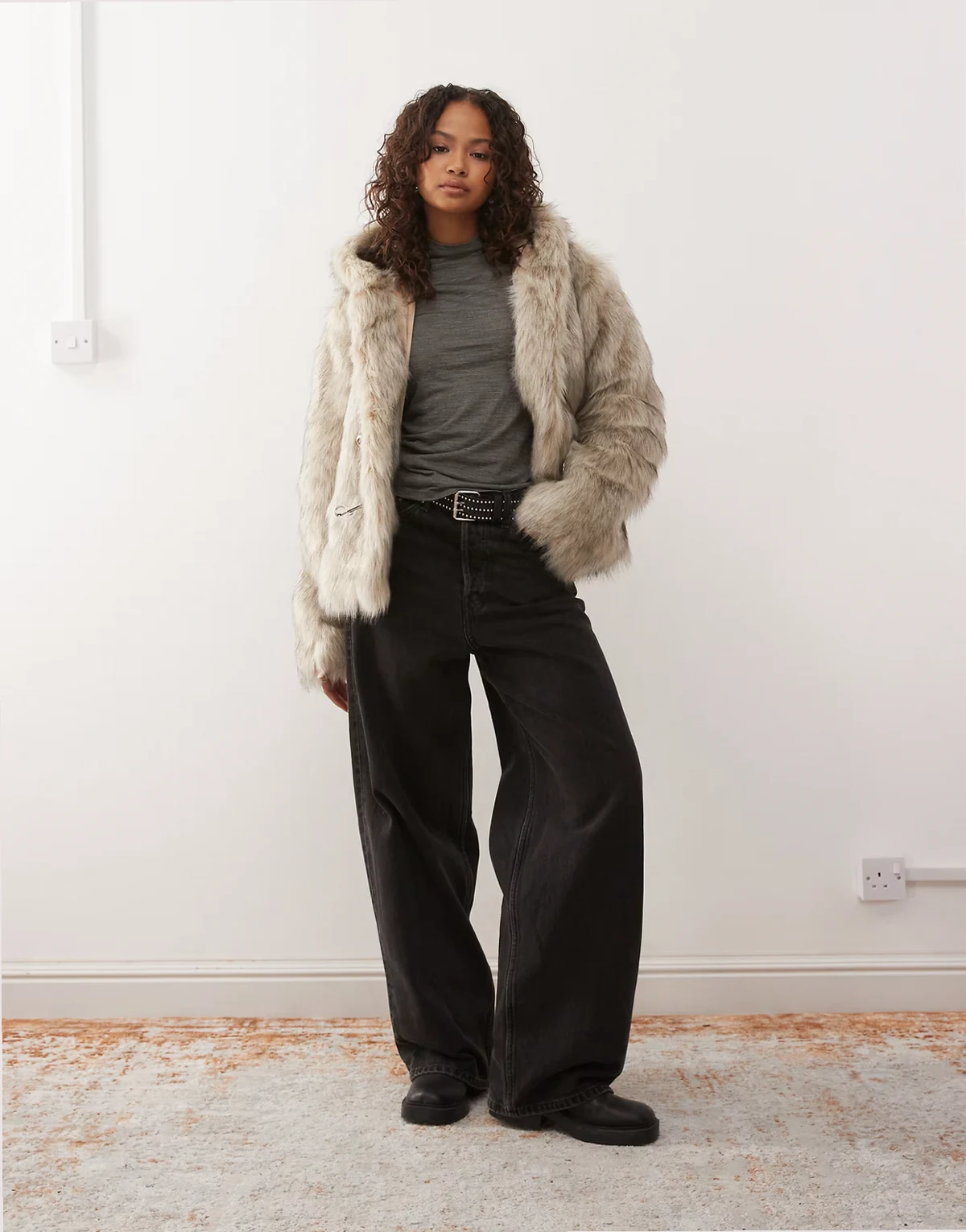 faux fur coat with hood in sand