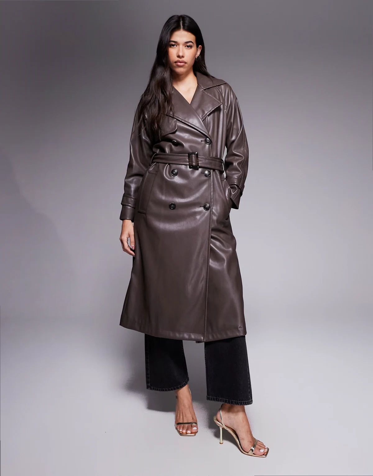 faux leather trench coat in dark brown