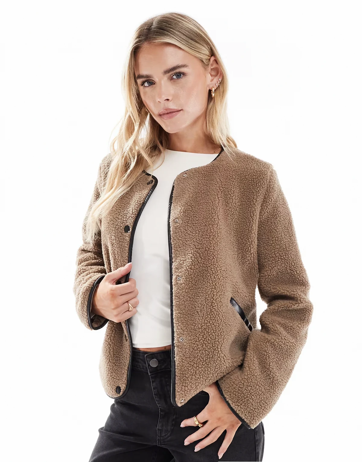 lightweight contrast teddy jacket in beige