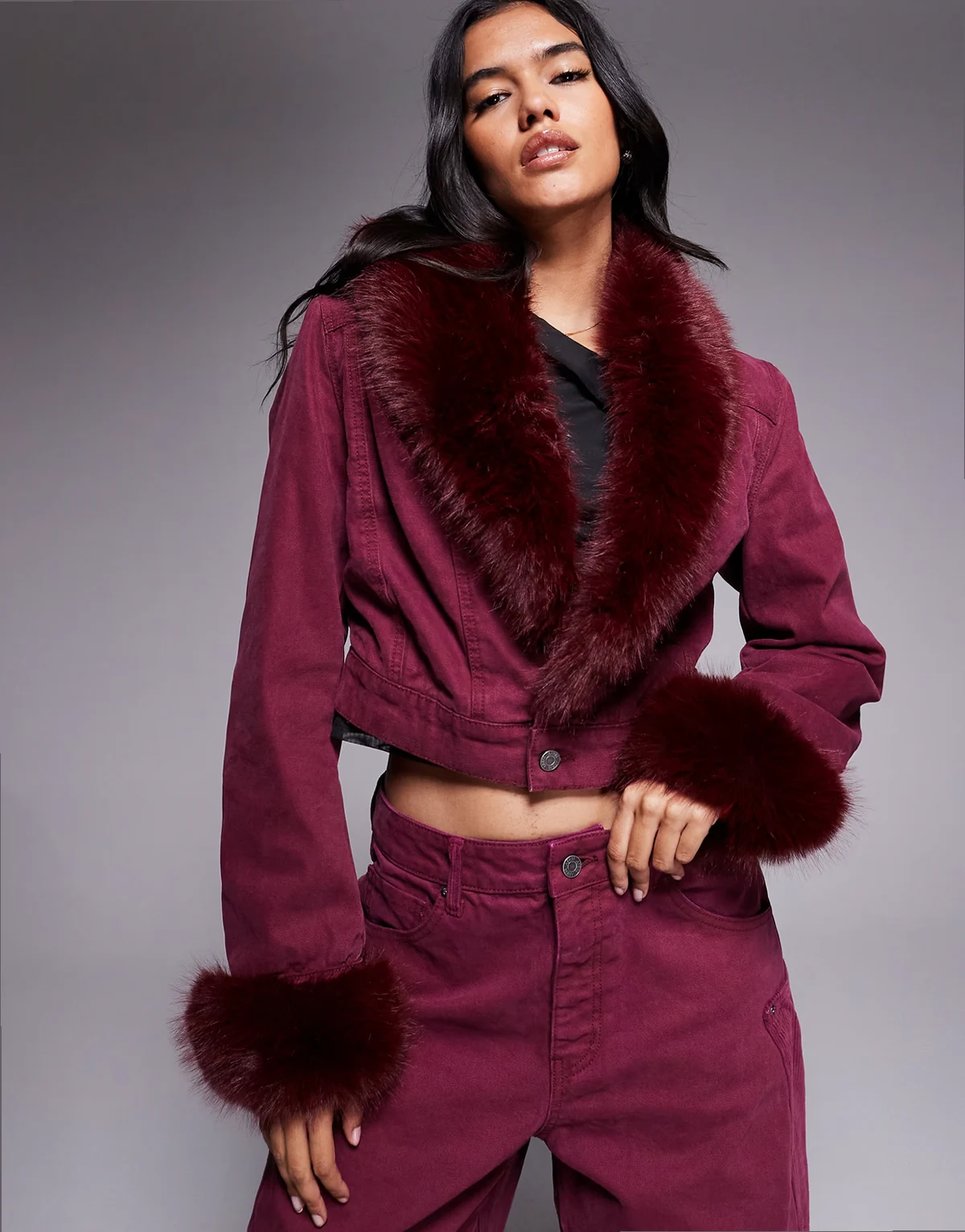 Margot faux fur denim jacket in port - part of a set