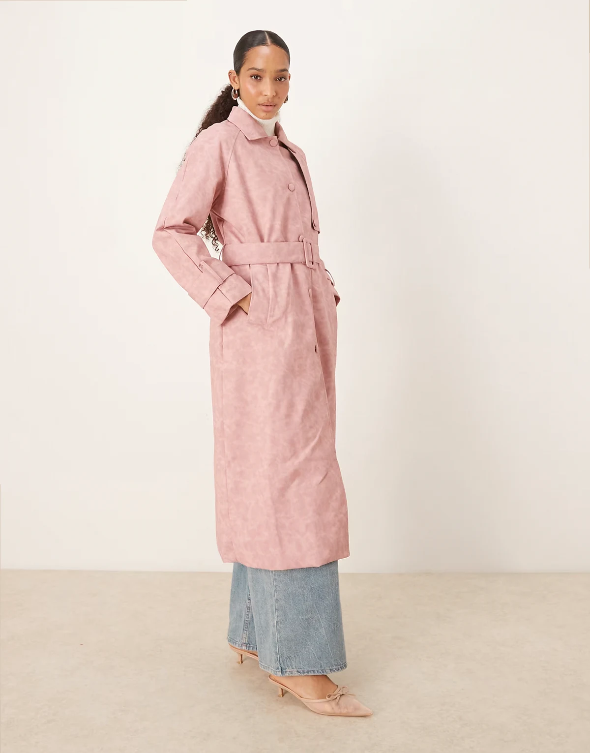 matte PU belted trench coat in pink