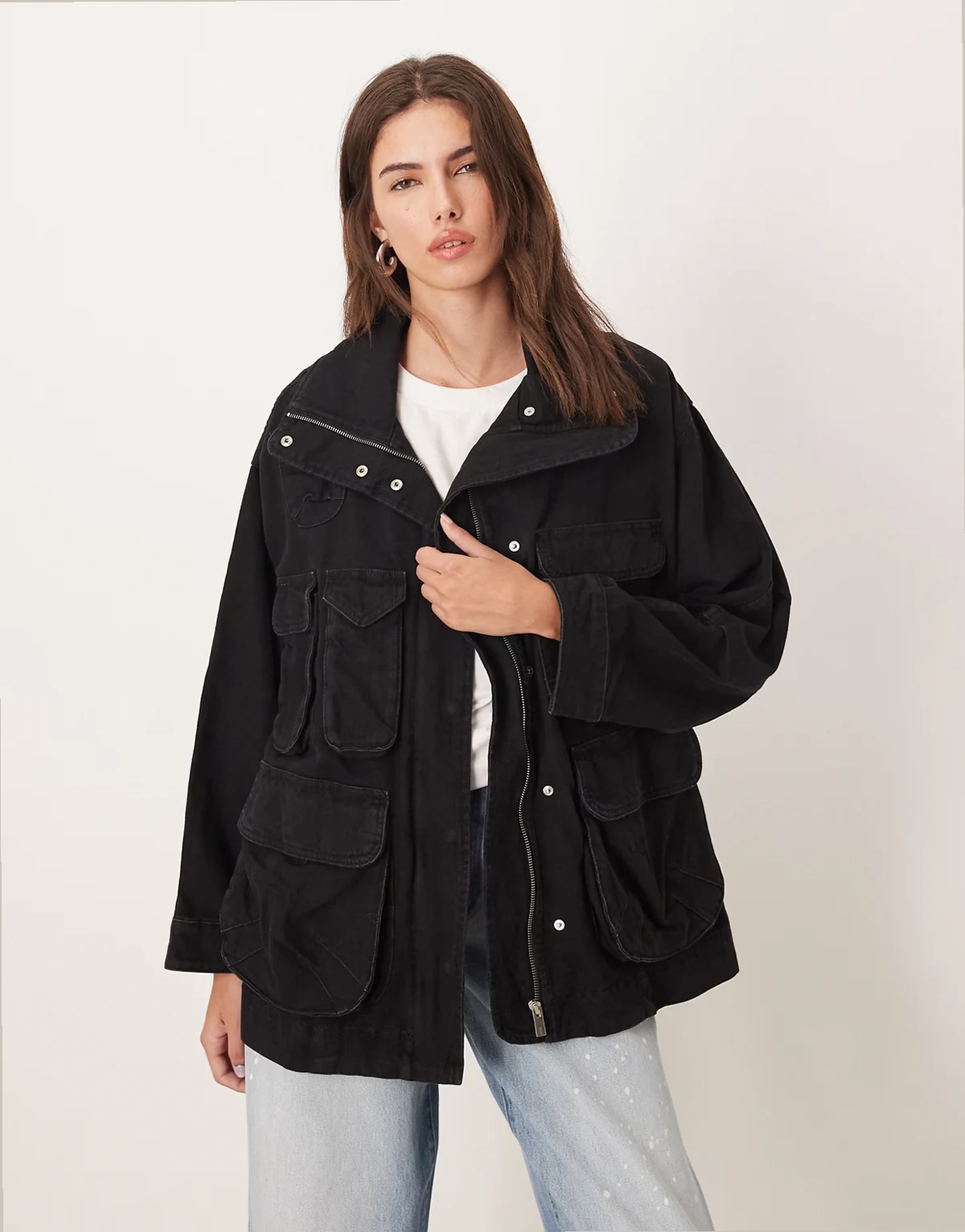 – Longline-Jacke aus 100% Baumwolle in Schwarz mit Taschendetail