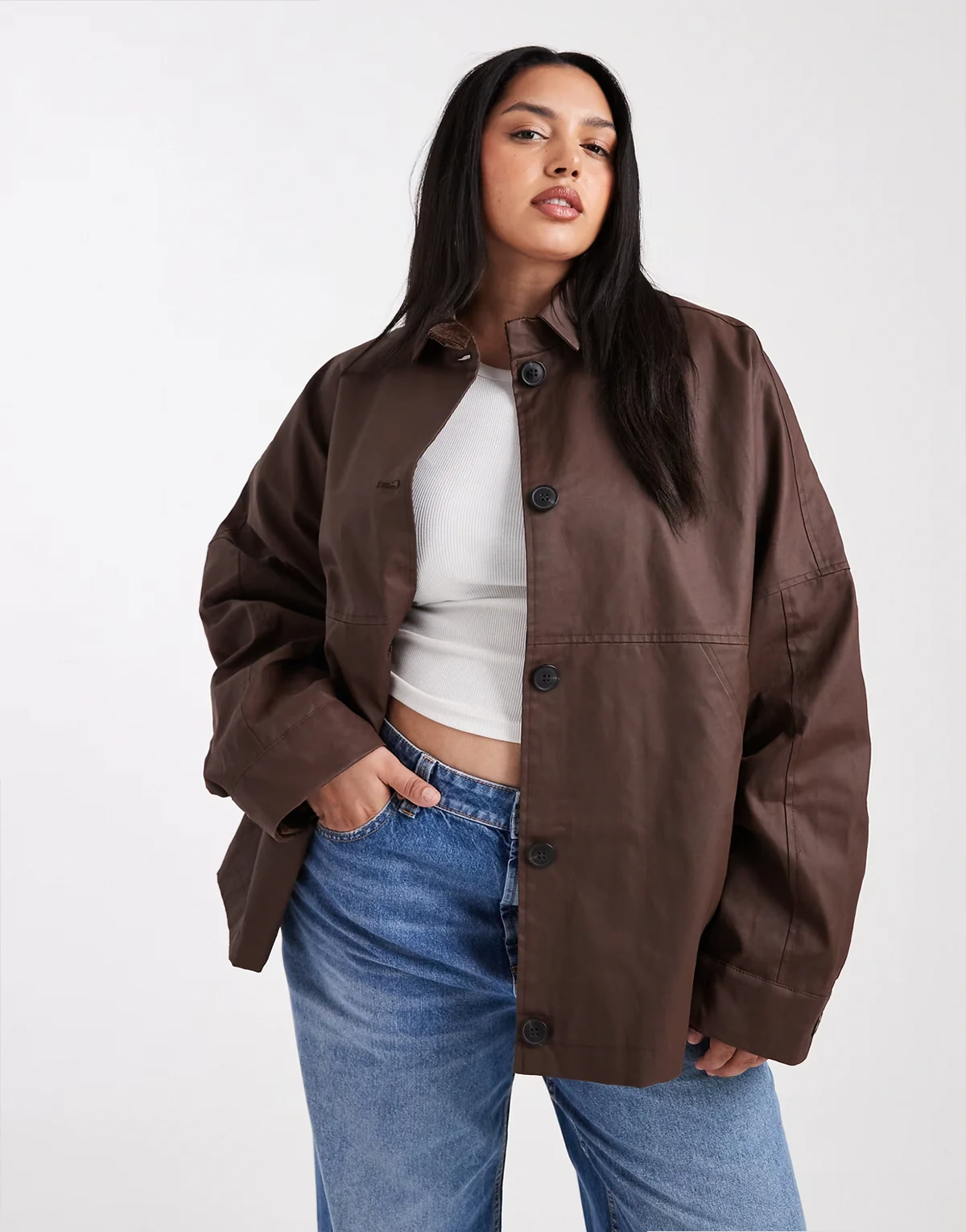 ASOS DESIGN Curve – Woskowana czekoladowa kurtka Harrington
