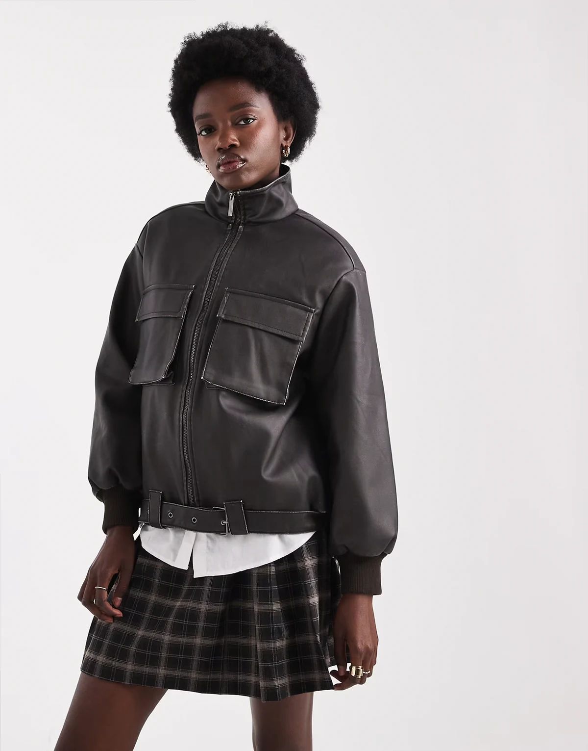 cropped pocket detailing bomber jacket in chocolate brown