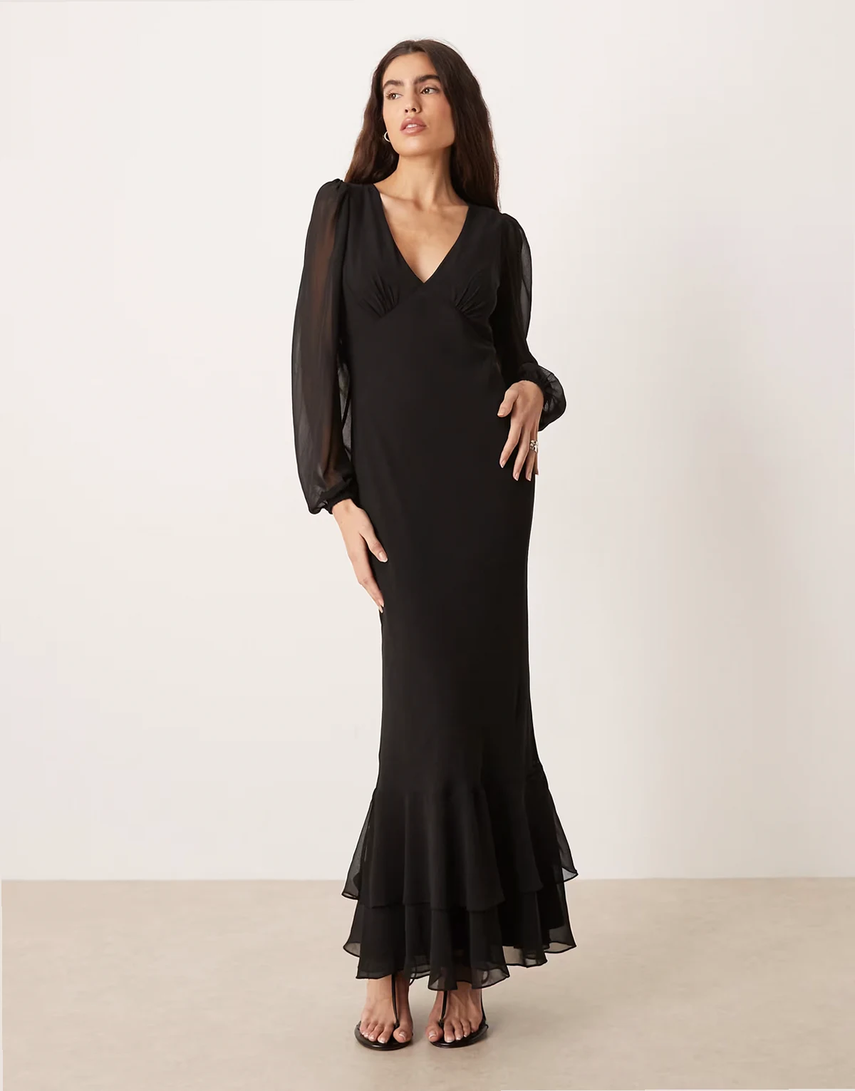 v-neck sheer balloon sleeve ruffle hem maxi dress in black