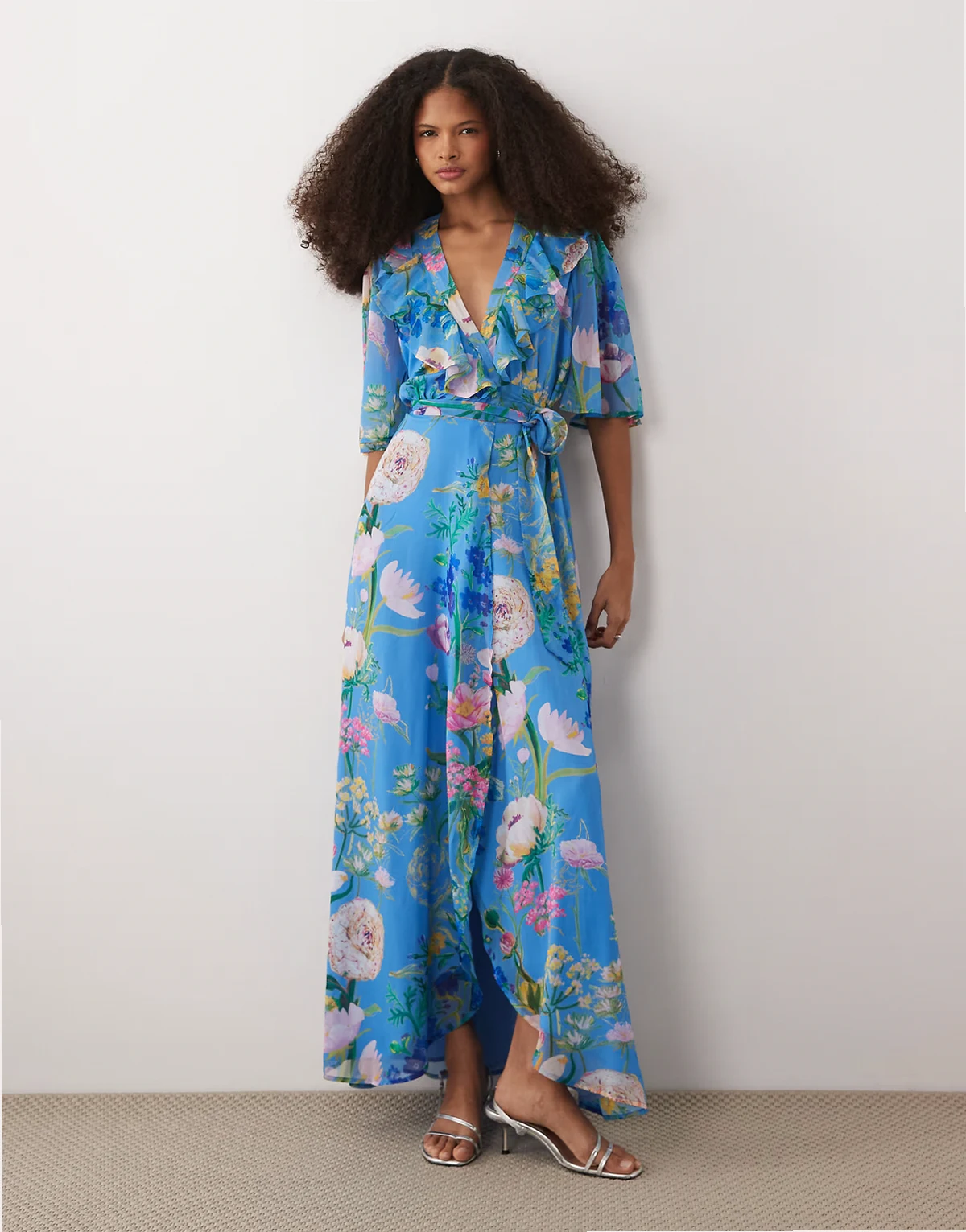 flutter sleeve maxi wrap dress with tie waist in blue floral