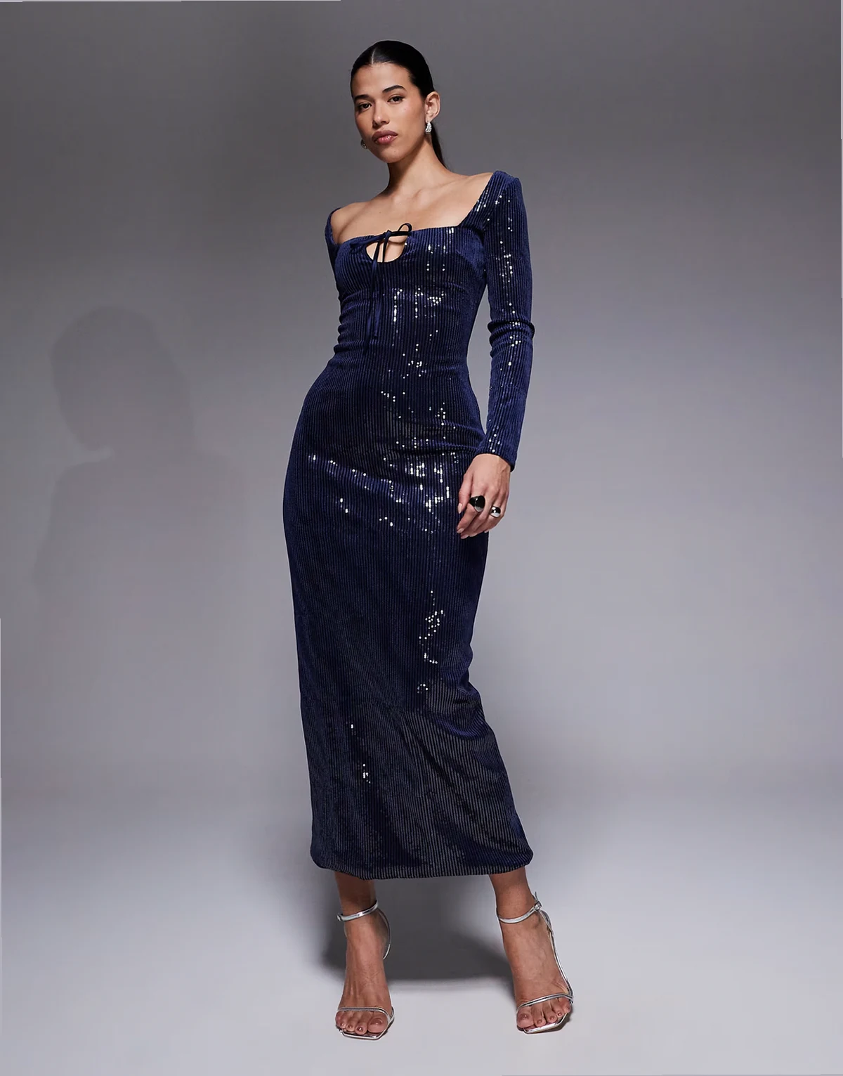Exclusive sequin square neck tie front maxi dress in navy