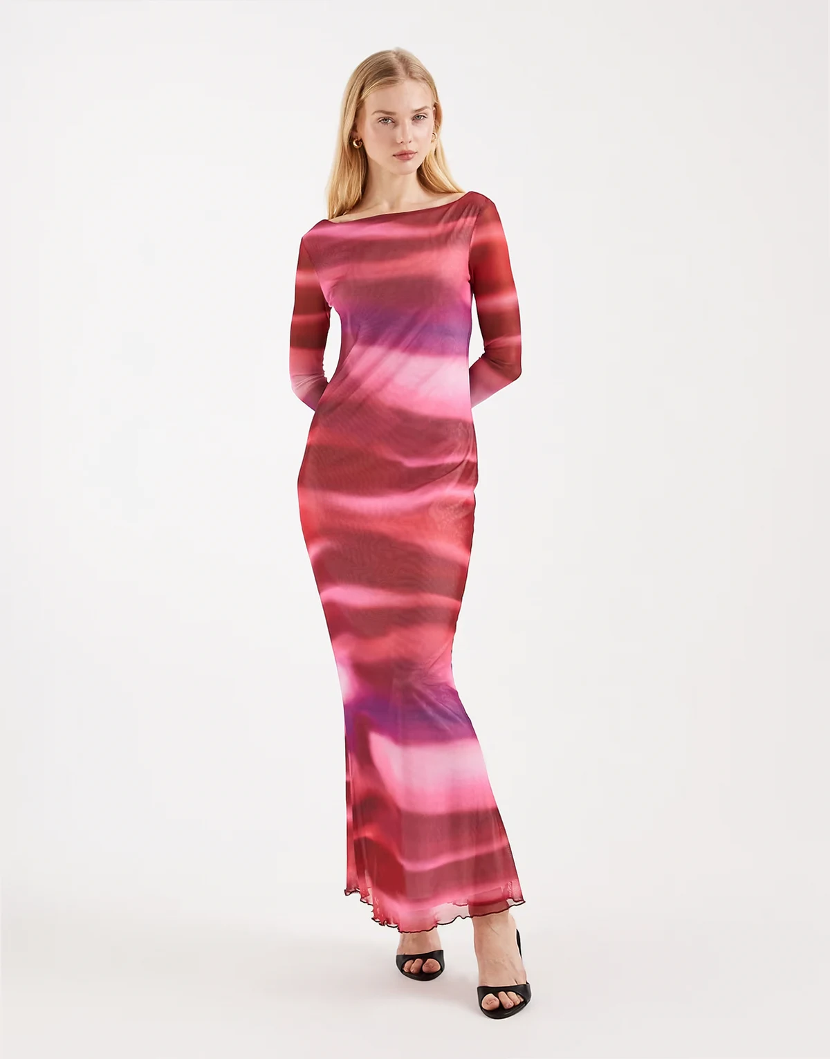 – Langärmliges Maxikleid aus Netzstoff mit abstraktem Muster in Rosa