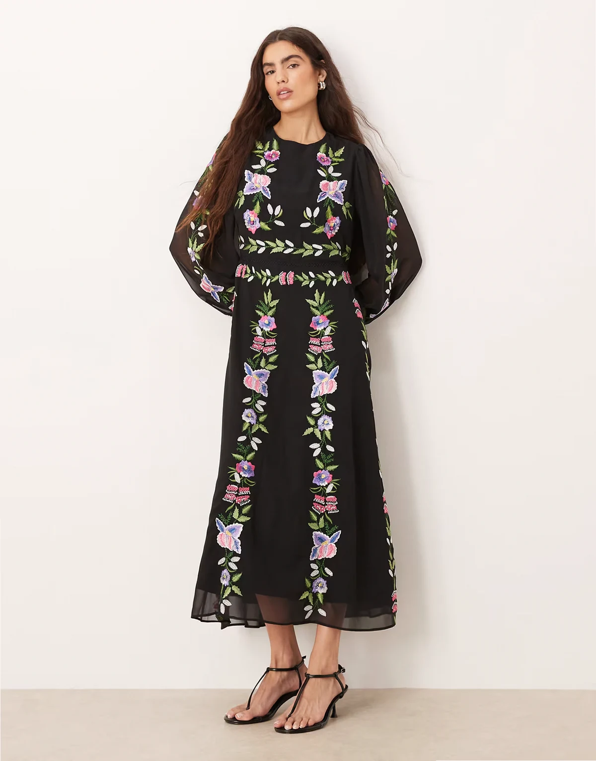 high neck embroidered midaxi dress in black