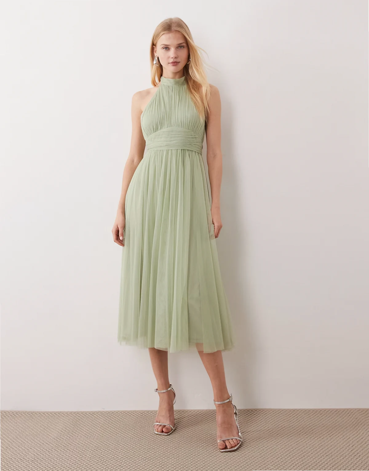 Bridesmaid tulle high neck midi dress in sage green