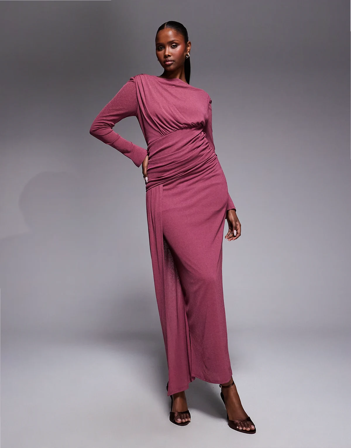 longe sleeve asymmetric drape detail maxi dress in mulberry