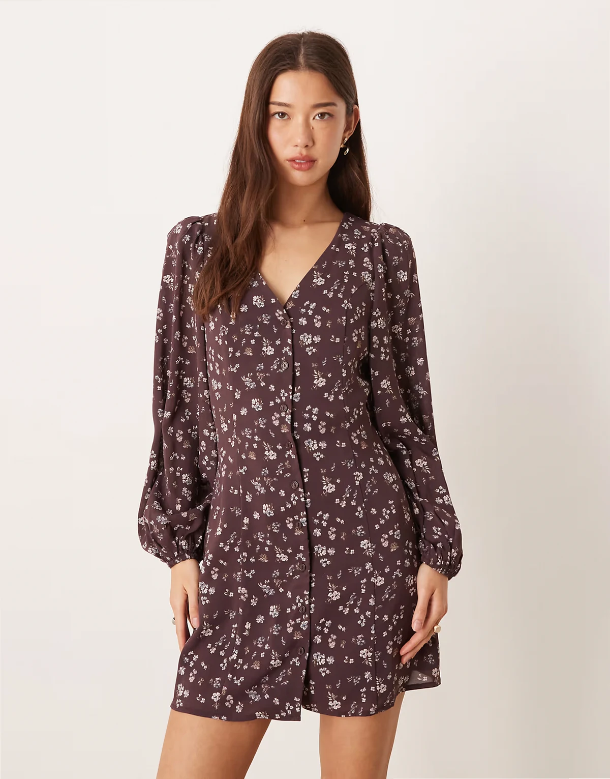 long sleeve mini tea dress with tie front in brown ditsy floral