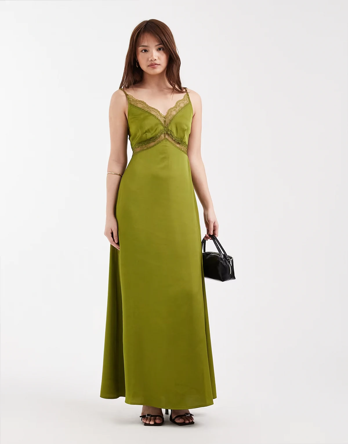 – Maxikleid in olivgrüner Satinoptik mit Spitzendetail