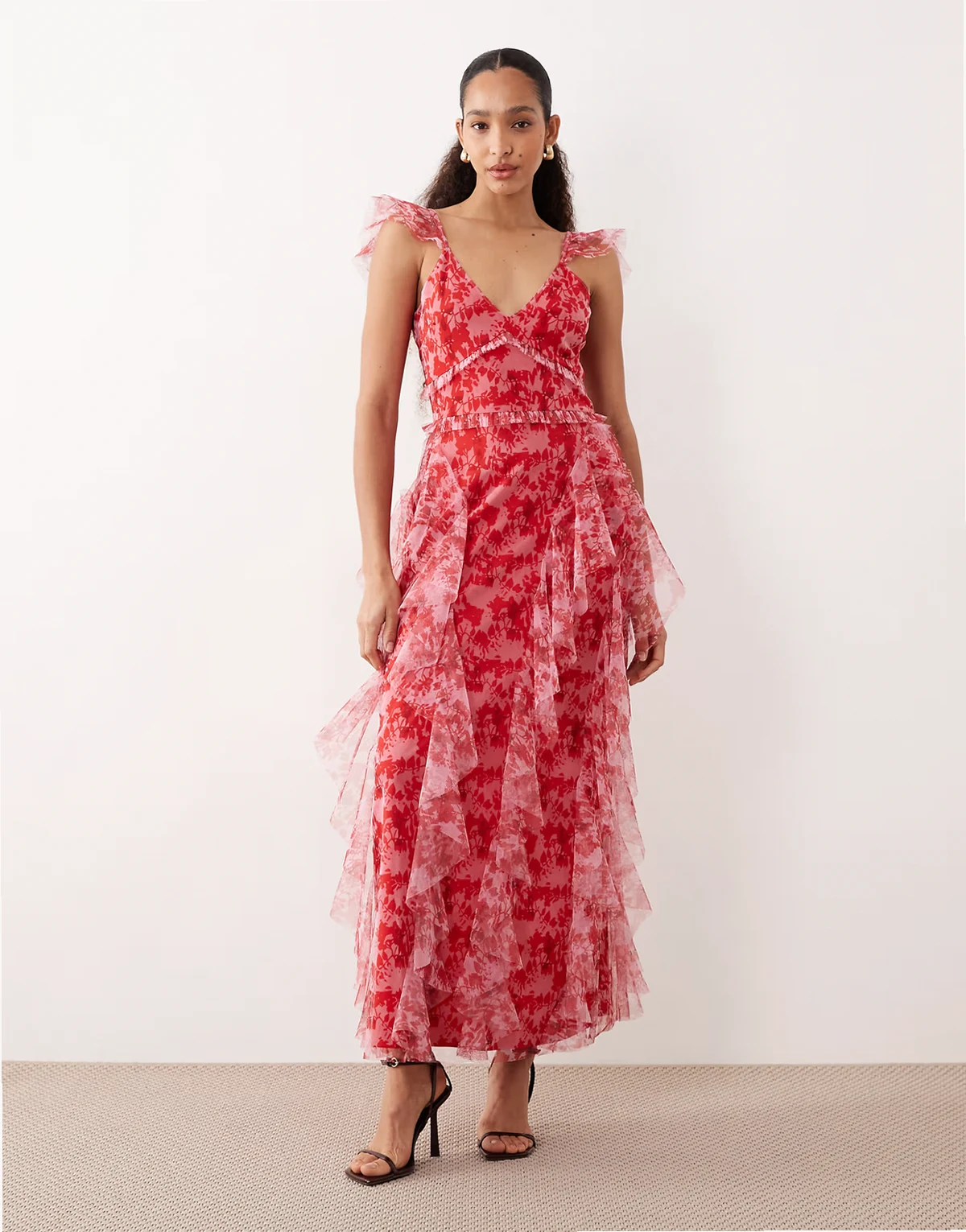 tulle ruffled midaxi dress in red and pink floral